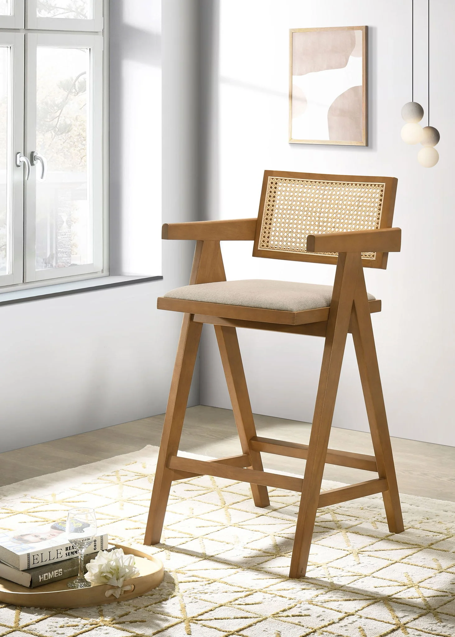 Kane Woven Rattan Wood Bar Chair Light Walnut (Set of 2) - Image 2