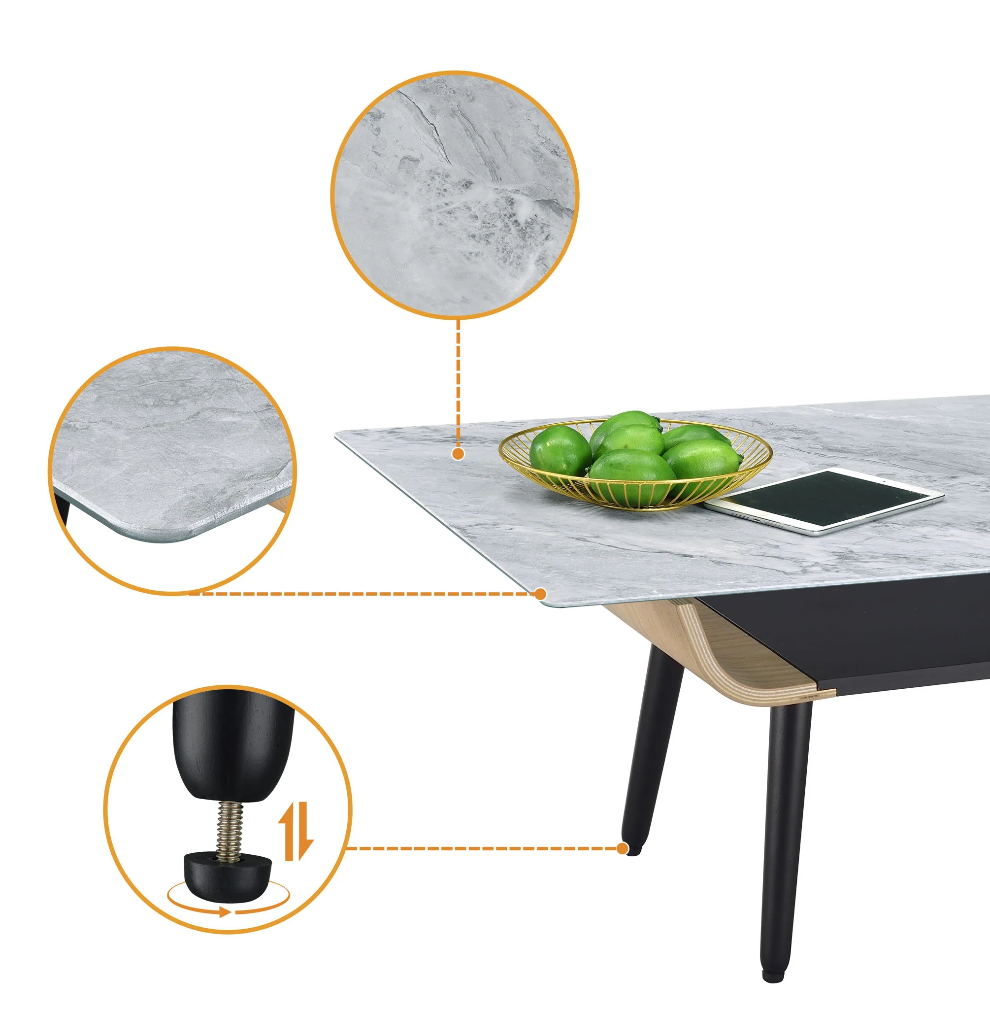 Landon - Coffee Table With Glass Marble Texture Top And Bent Wood Design - Image 11