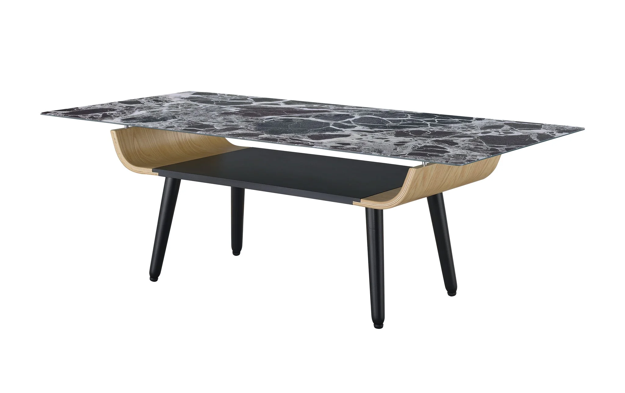 Landon - Coffee Table With Glass Marble Texture Top And Bent Wood Design - Image 8