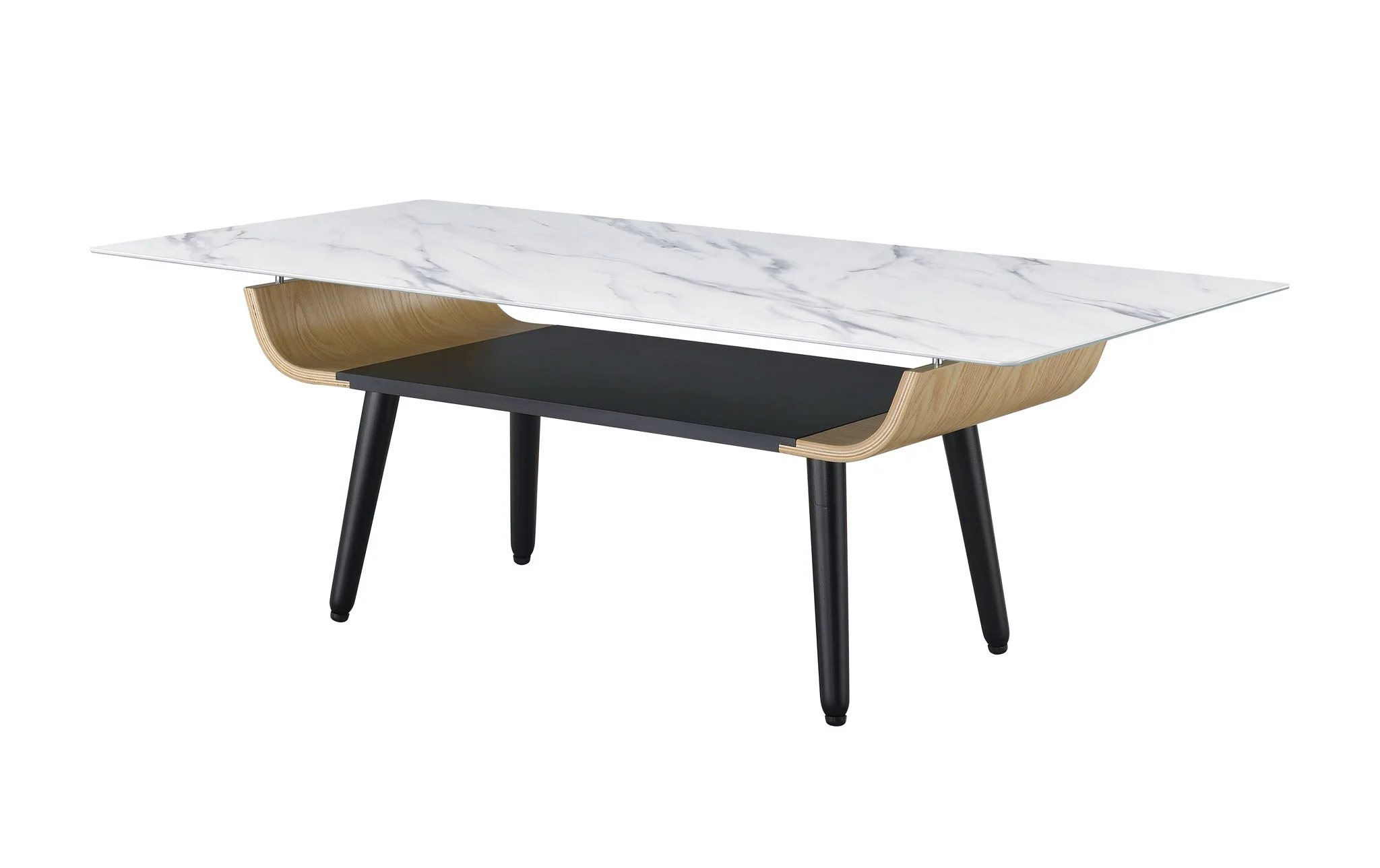 Landon - Coffee Table With Glass Marble Texture Top And Bent Wood Design - Image 9