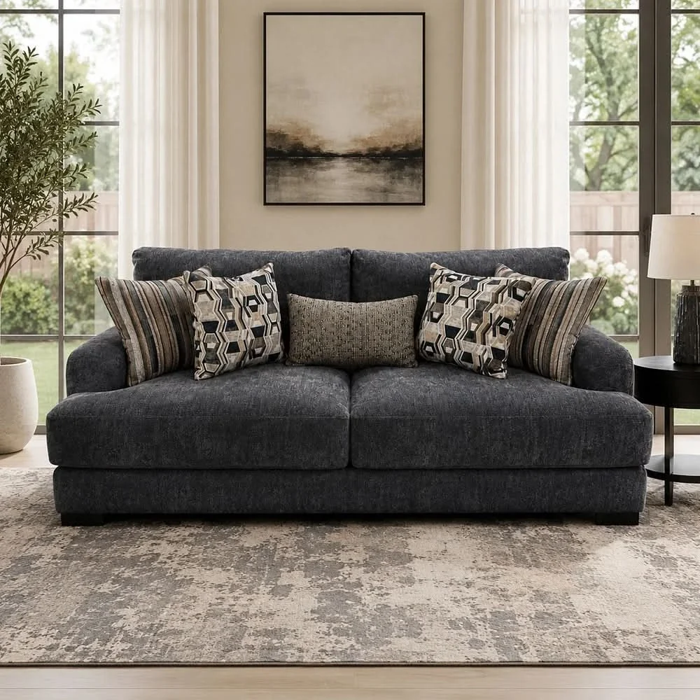 Lennon Pewter Oversized Sofa with Accent Pillows