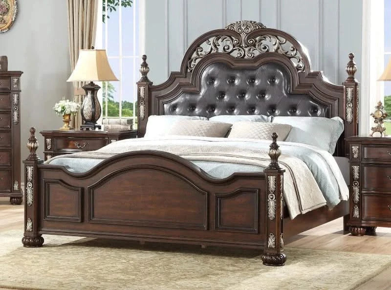 Leonel Brown Traditional Wood 5 PC Bedroom Set Includes Queen Bed (Headboard, Footboard, and Rails), Dresser and Mirror - Image 2