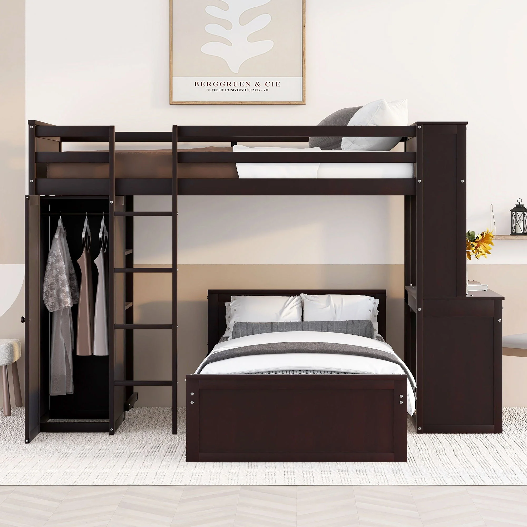 Loft Bed With A Stand Alone Bed, Shelves, Desk, And Wardrobe - Image 6