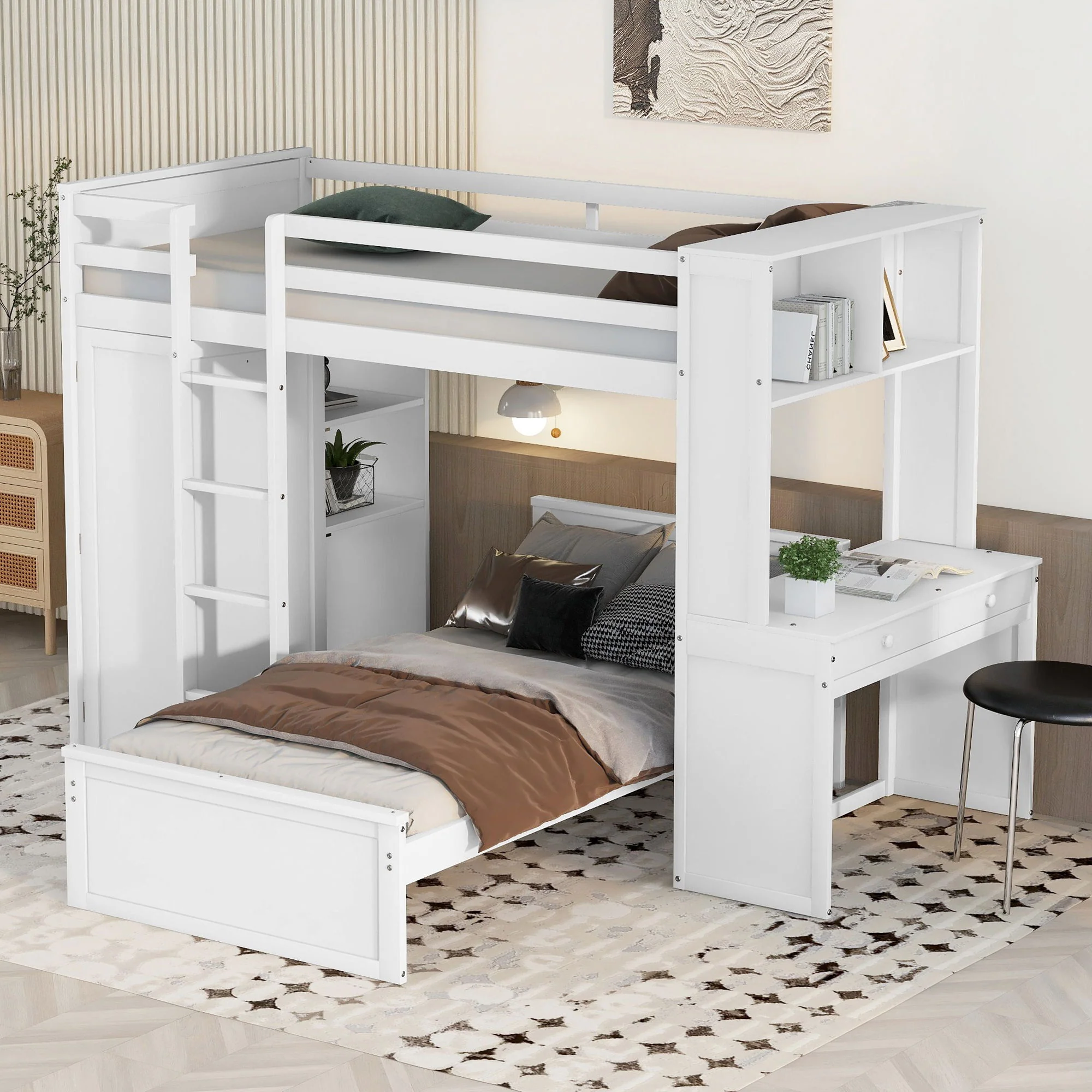 Loft Bed With A Stand Alone Bed, Shelves, Desk, And Wardrobe - Image 8