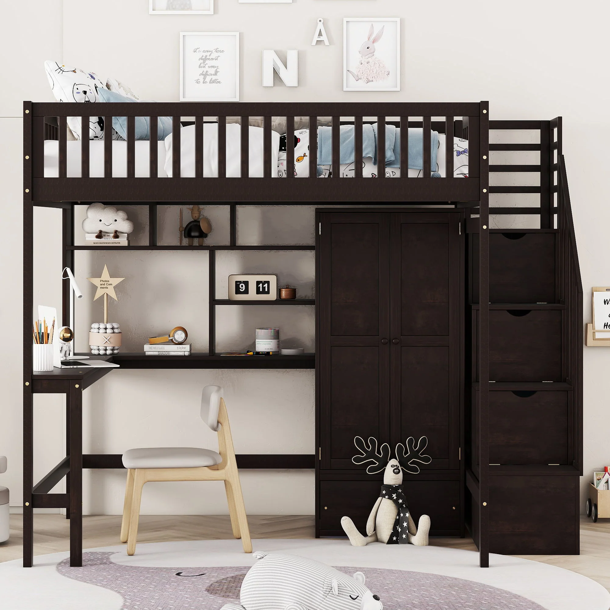 Loft Bed With Bookshelf, Drawers, Desk, And Wardrobe - Image 3