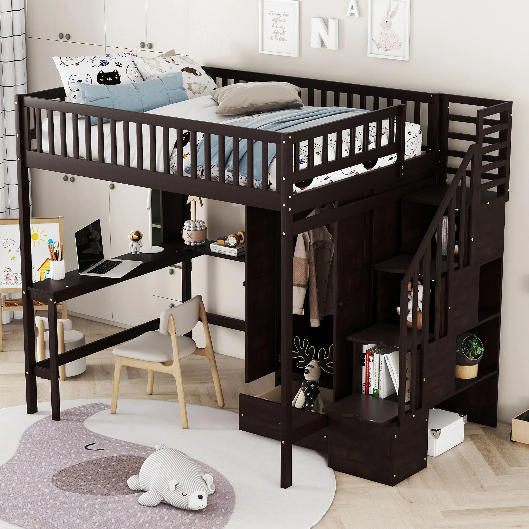 Loft Bed With Bookshelf, Drawers, Desk, And Wardrobe - Image 4