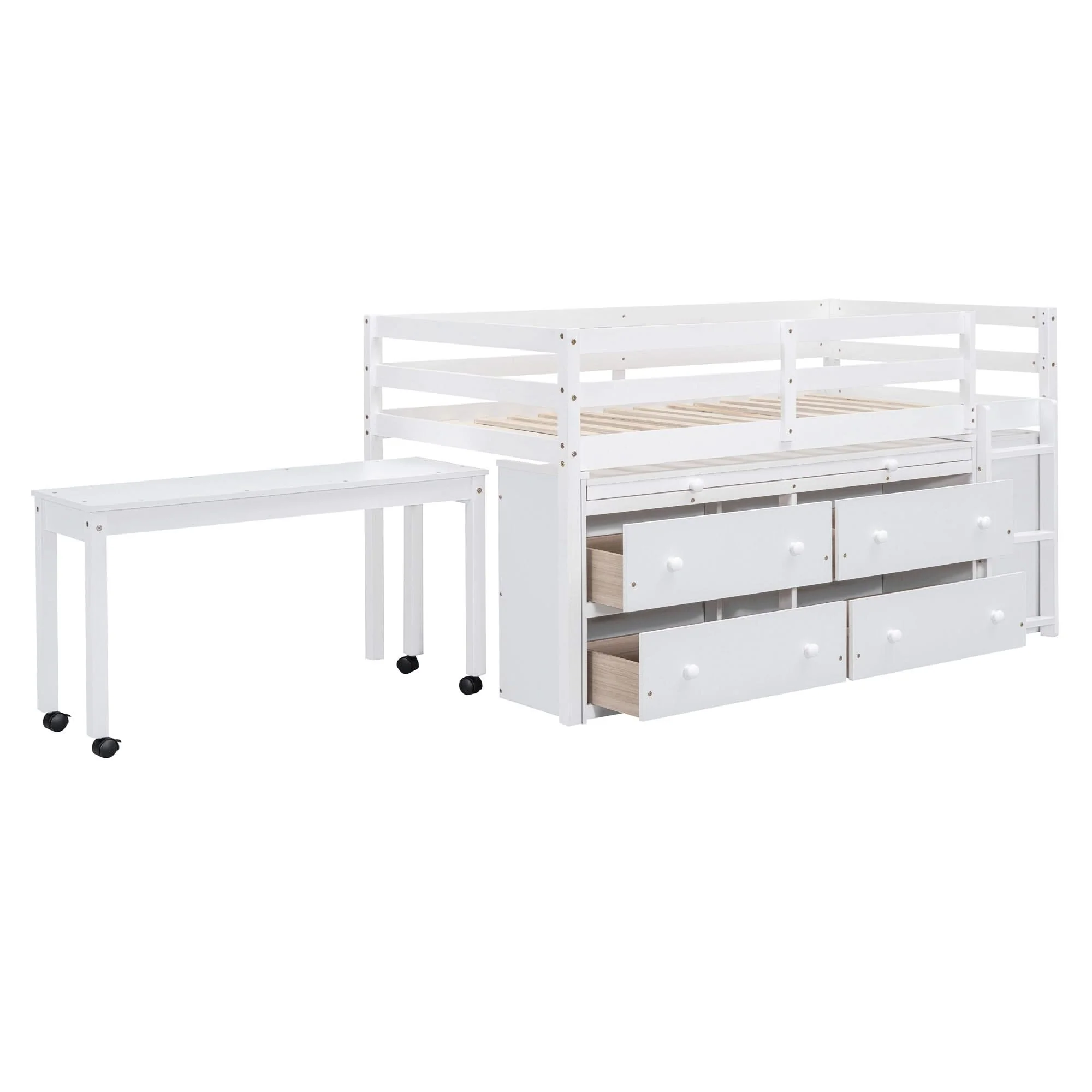 Loft Bed With Retractable Writing Desk And 4 Drawers, With Lateral Portable Desk And Shelves - Image 10