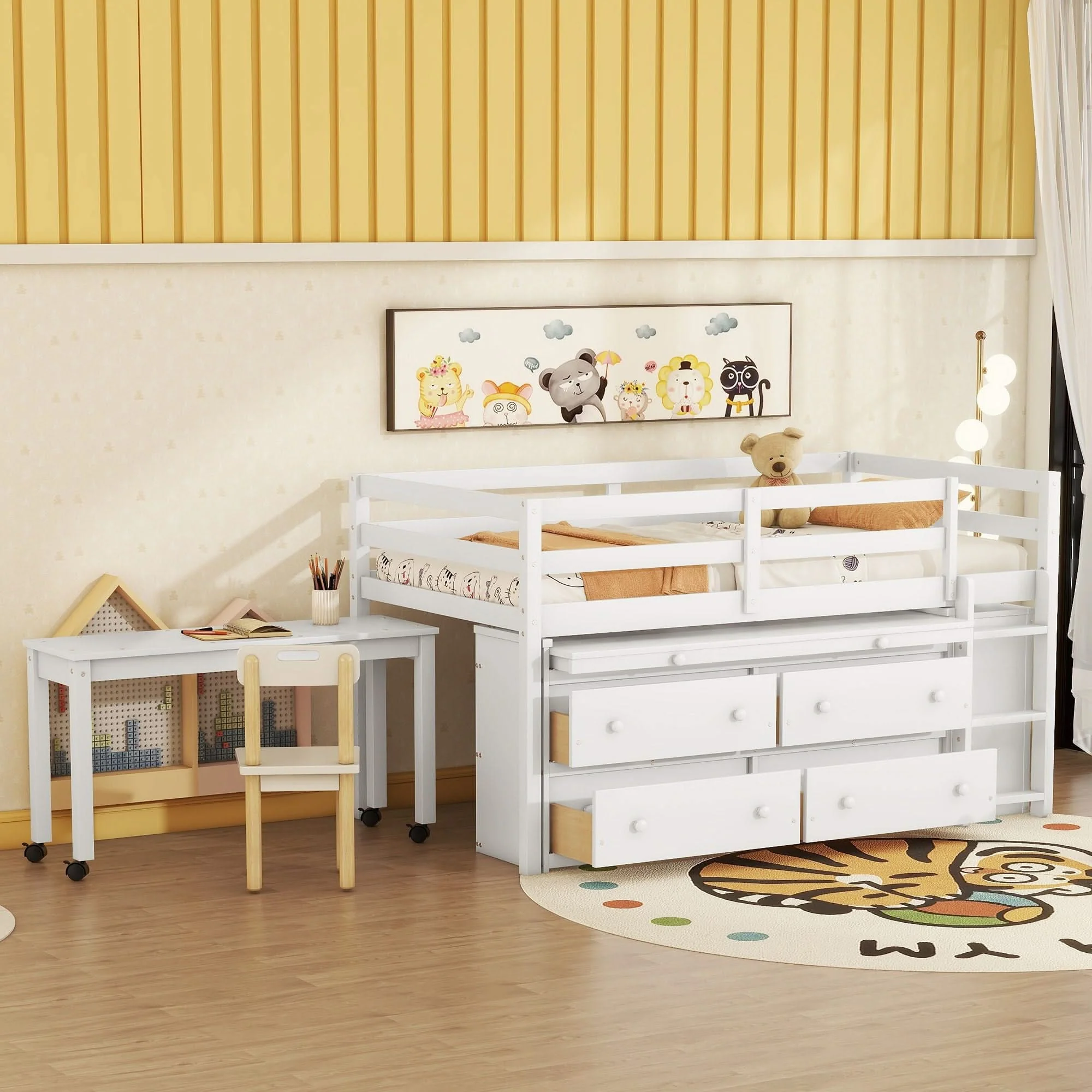 Loft Bed With Retractable Writing Desk And 4 Drawers, With Lateral Portable Desk And Shelves - Image 4