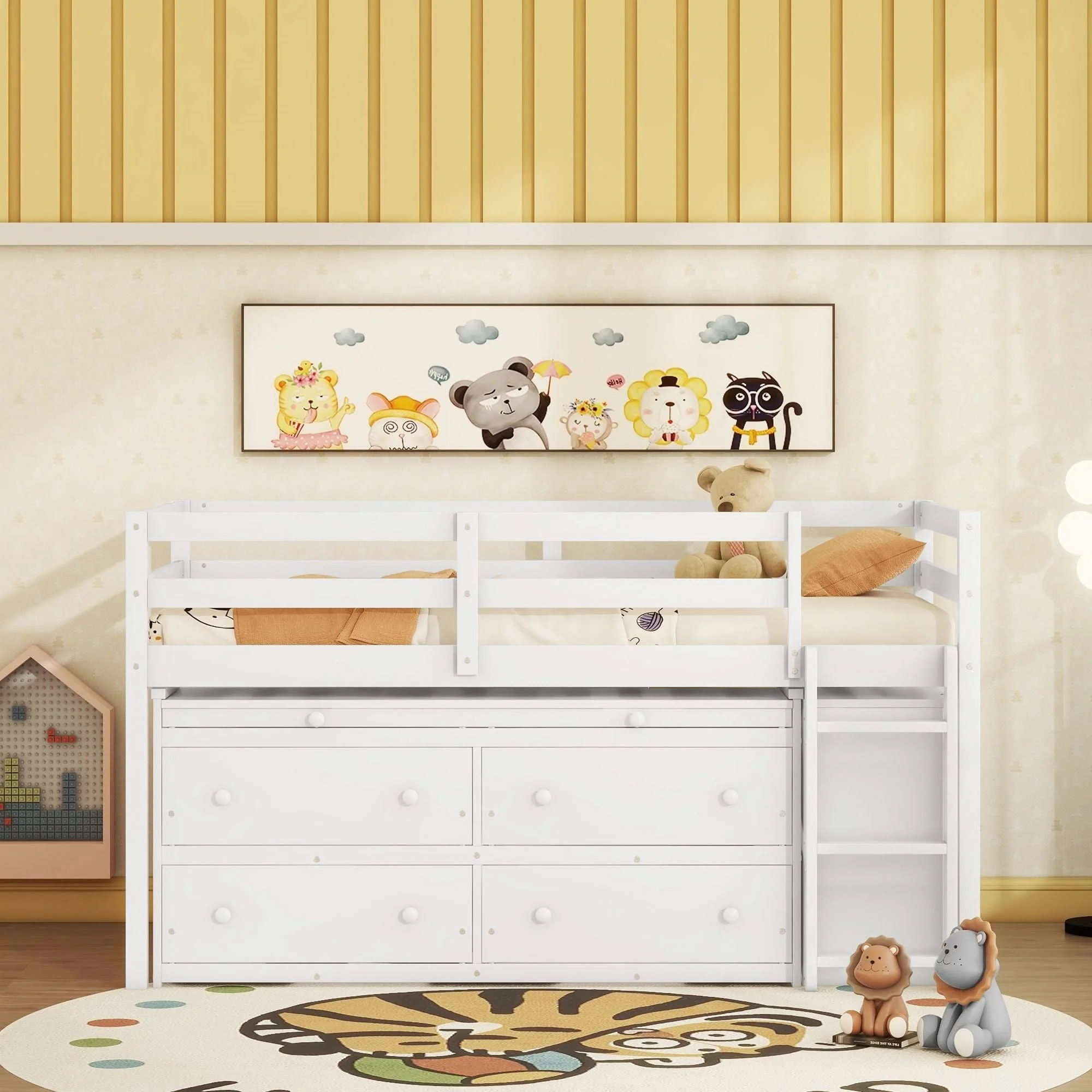 Loft Bed With Retractable Writing Desk And 4 Drawers, With Lateral Portable Desk And Shelves - Image 7