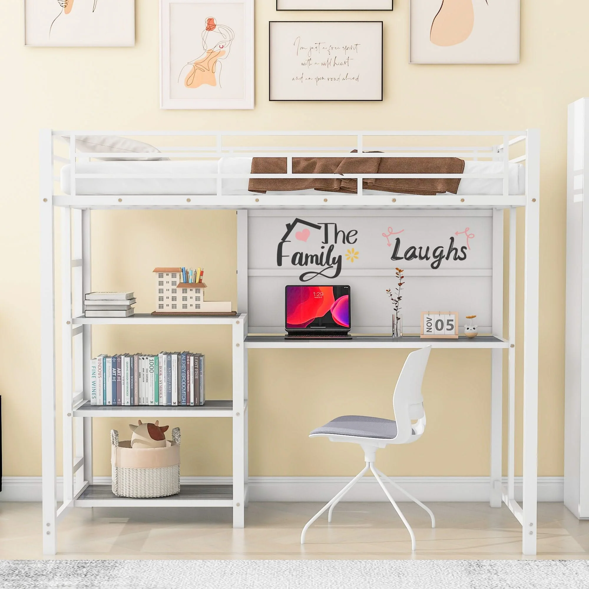 Metal Loft Bed With Desk, 3 Shelves And Ladder - Image 4