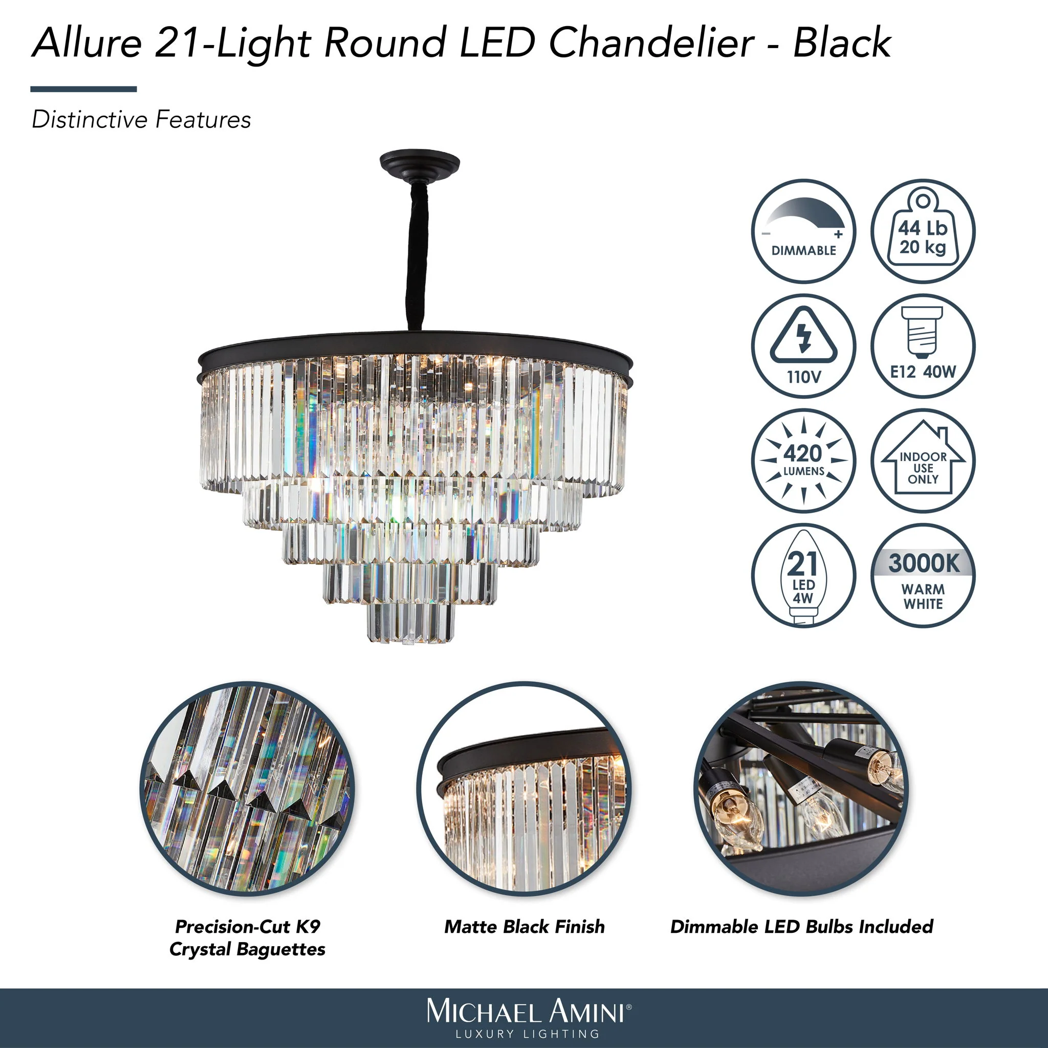 Michael Amini Lighting - Allure 21-Light Round Crystal Chandelier - Matte Black / Pearl Silver - Image 2