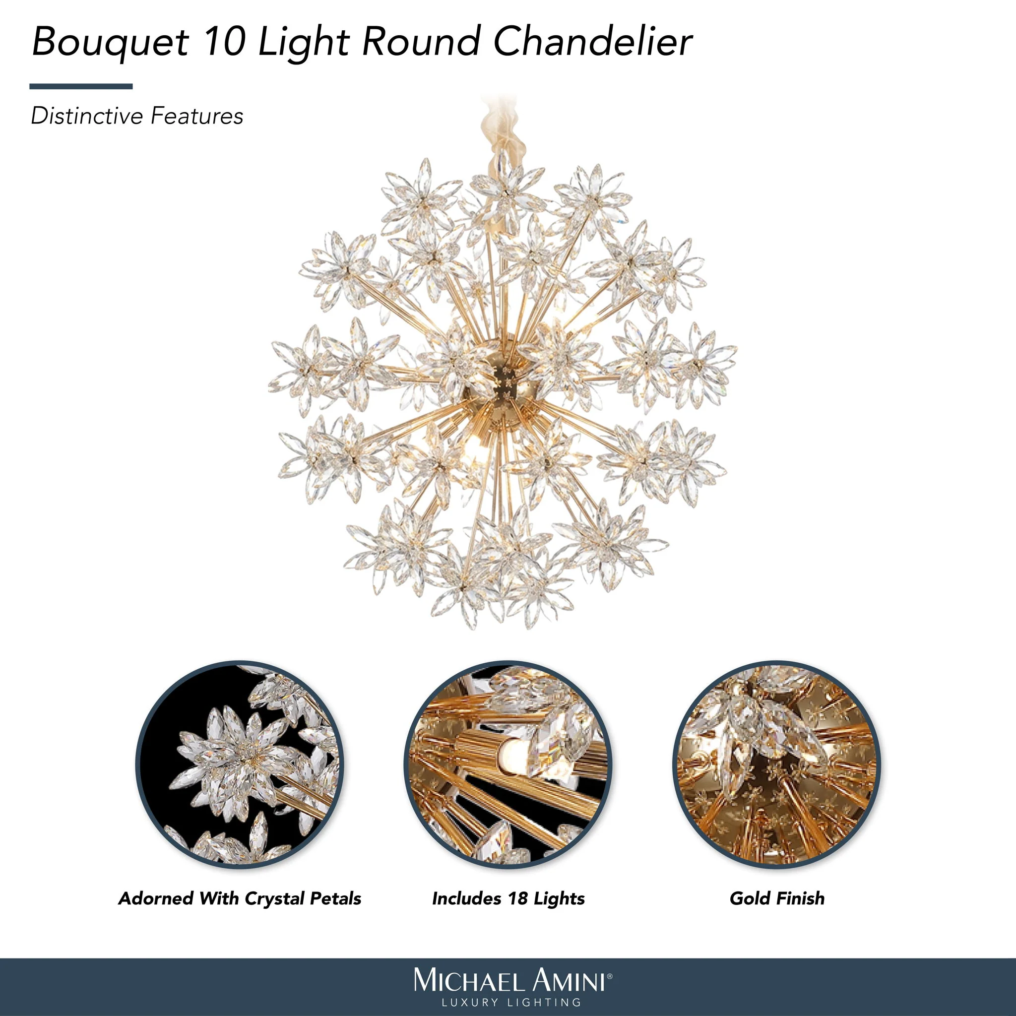 Michael Amini Lighting - Bouquet 10-Light Round Crystal Chandelier - Gold - Image 2