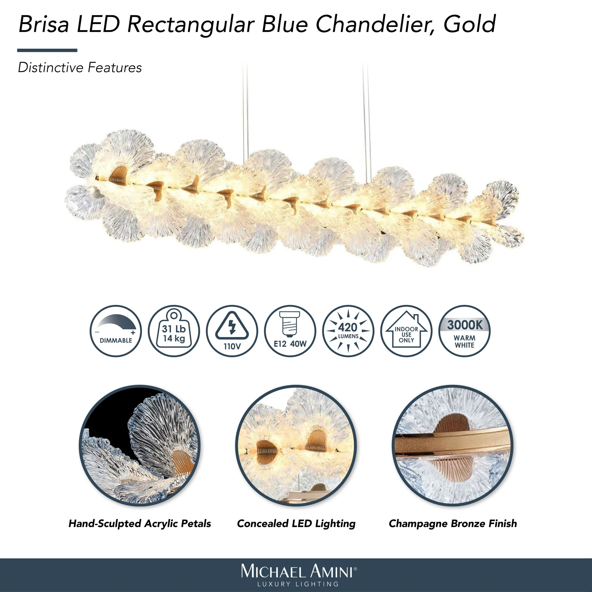 Michael Amini Lighting - Brisa 50" Rectangular LED Chandelier - Ocean Blue / Bronze - Image 3