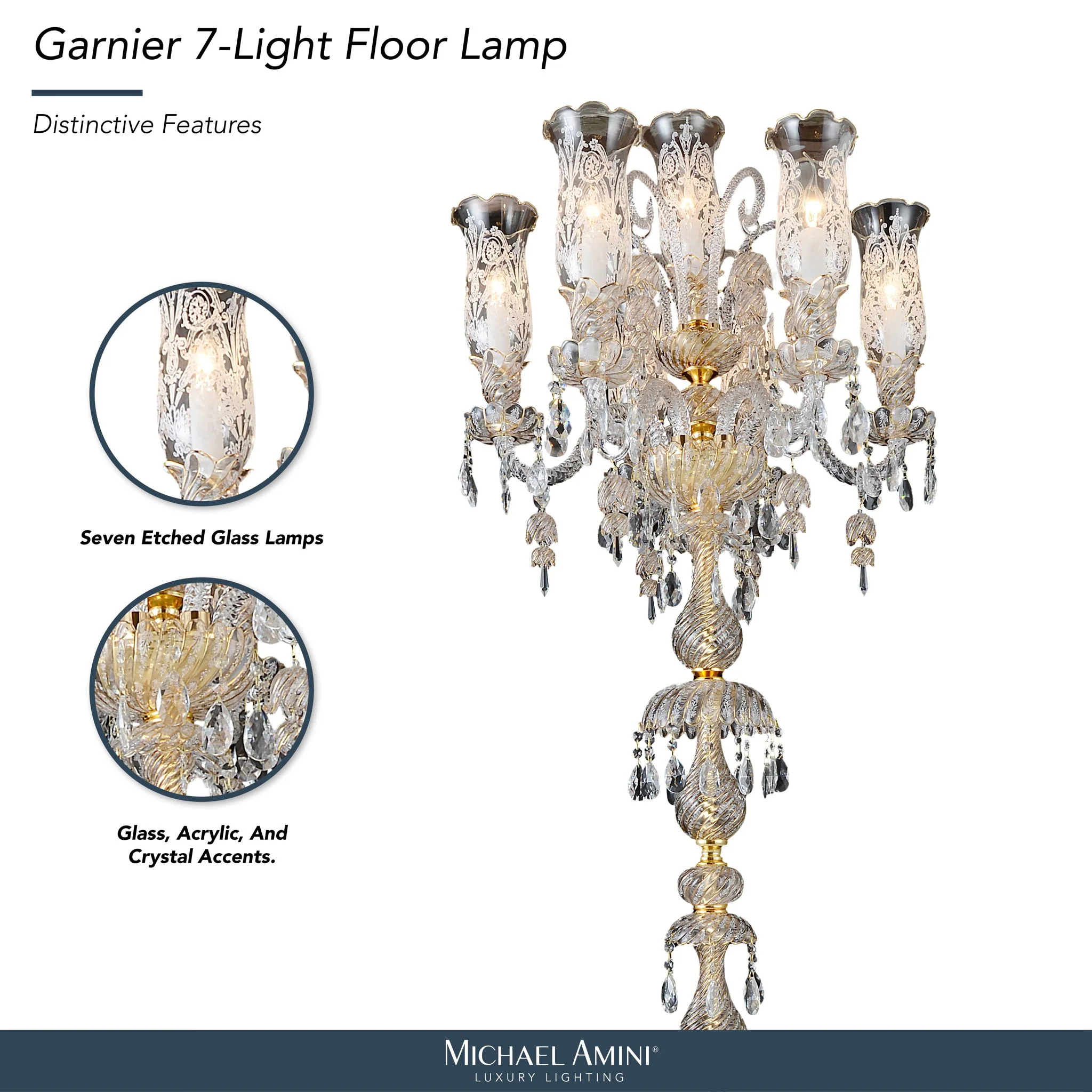 Michael Amini Lighting - Garnier 7-Light Traditional Crystal Floor Lamp - Gold - Image 2