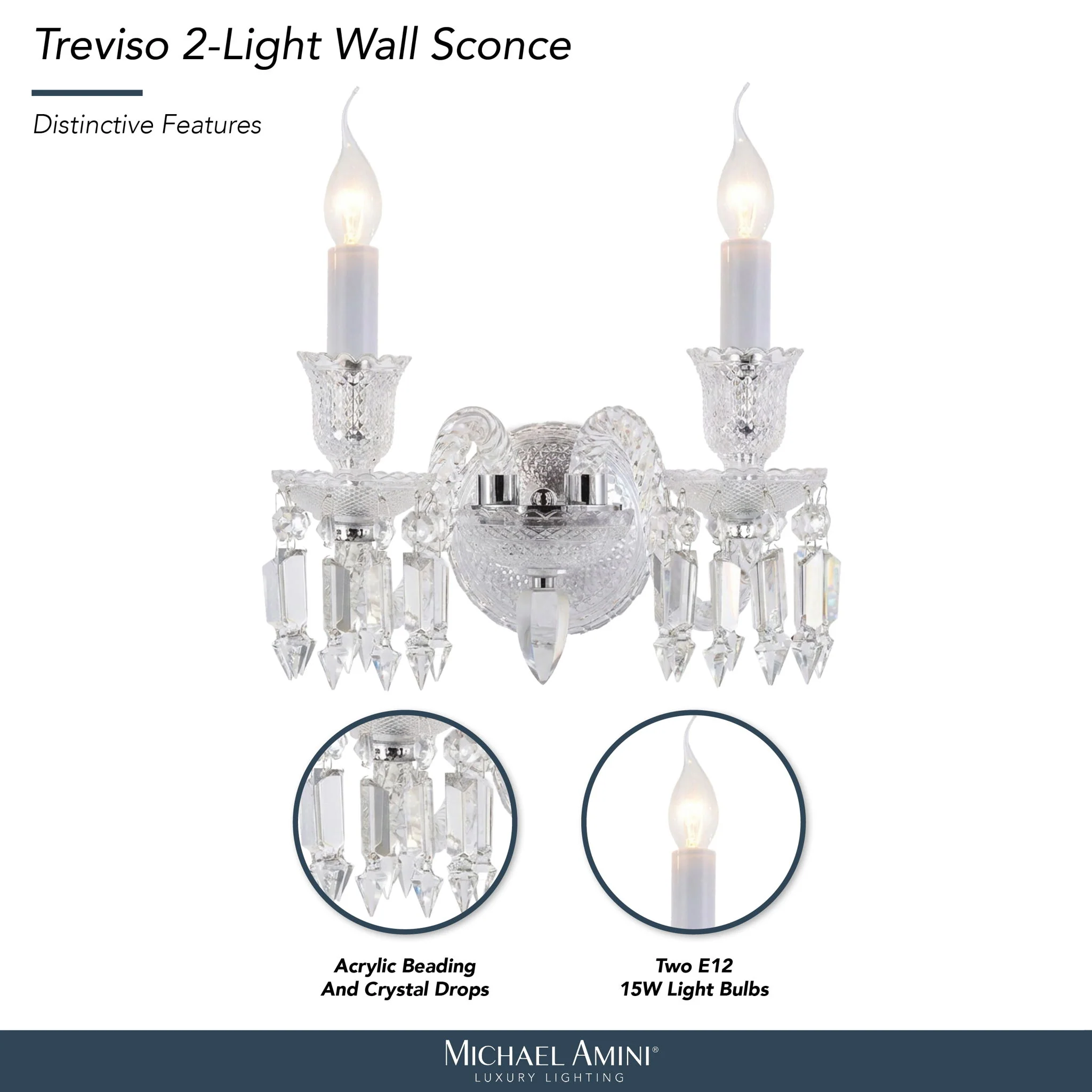 Michael Amini Lighting - Treviso 2-Light Traditional Crystal Wall Sconce - Clear - Image 4