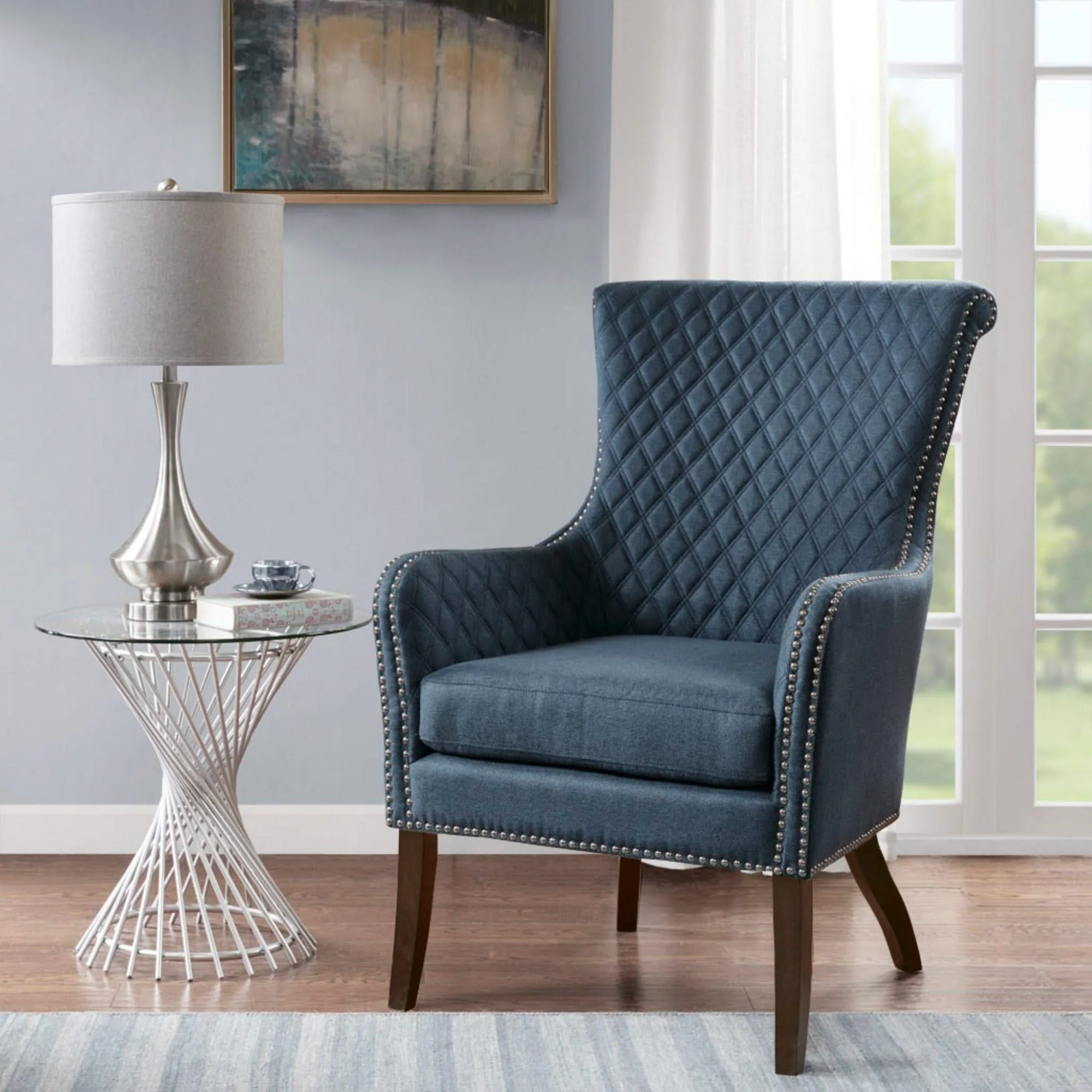 Accent Chair With Quilted Back And Silver Studs - Dark Blue - Image 2