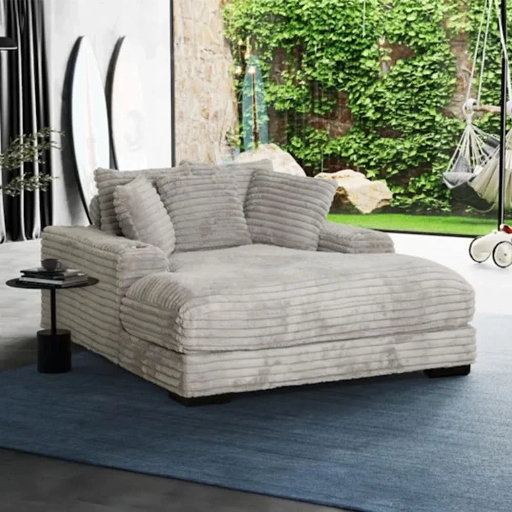 Mondo Grey Oversized Chair and a Half Chaise with Faux Fur Corduroy Texture - Image 2