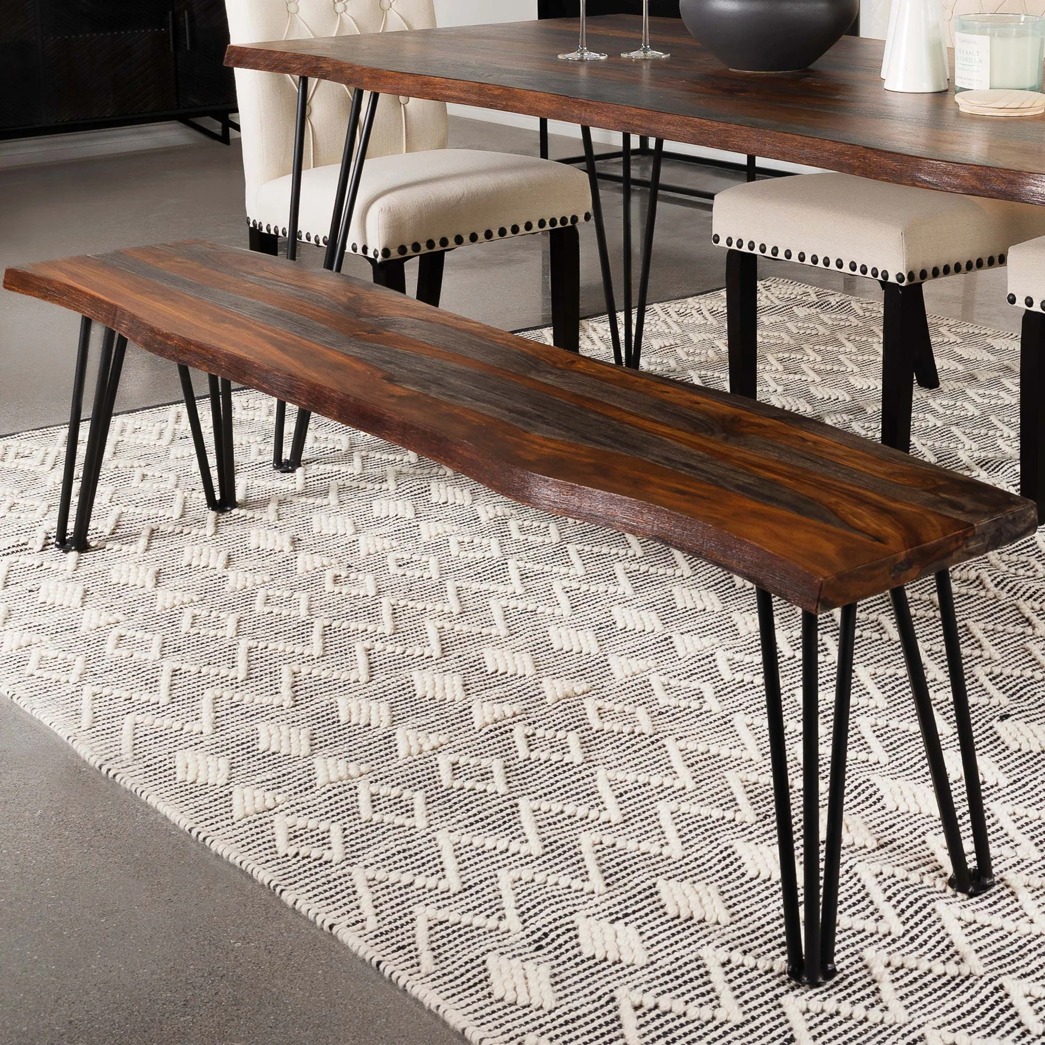 Neve Live Edge Wood Dining Bench Hairpin Legs Grey Sheesham - Image 4