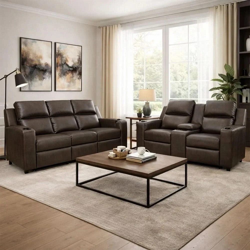 Noah Brown Contemporary Manual Reclining Living Room Set with Cup Holders and USB Charging - Image 2