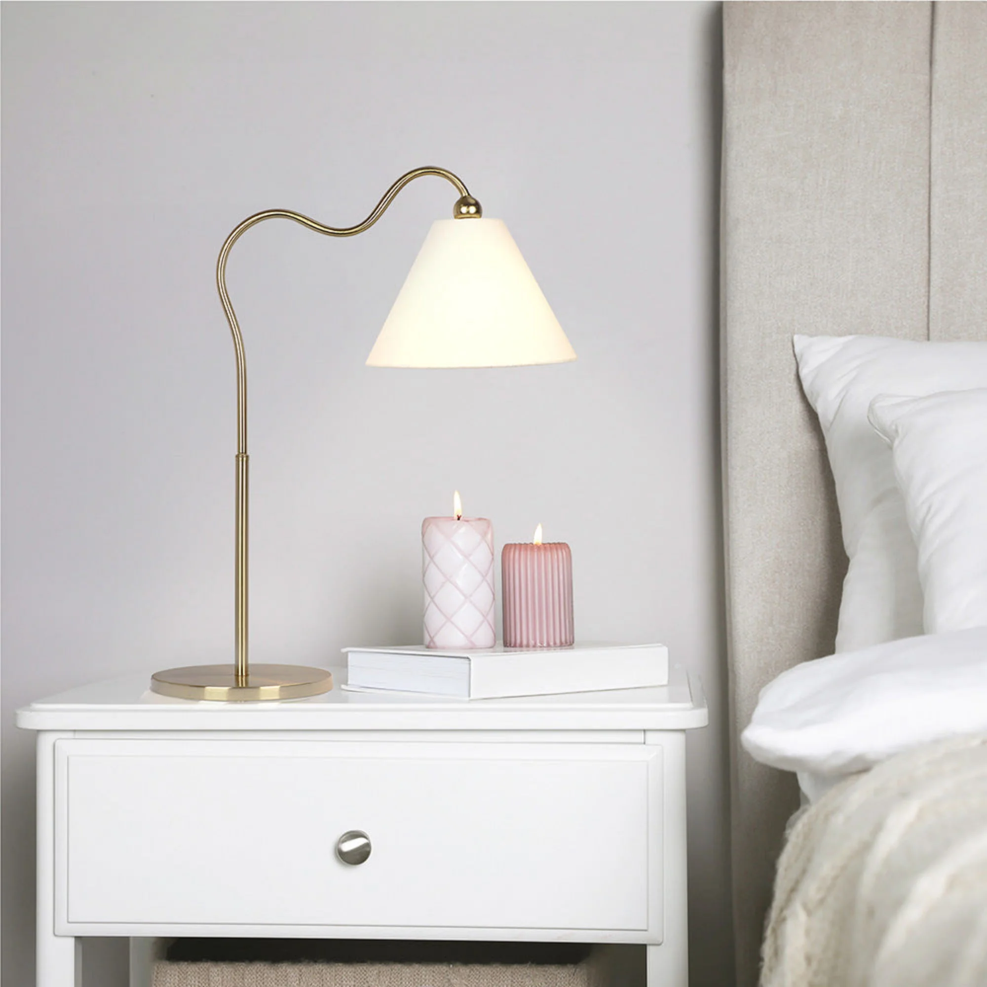 Ornate - Ring Base Curved Table Lamp With Triangle Drum Shade - Gold / White - Image 3