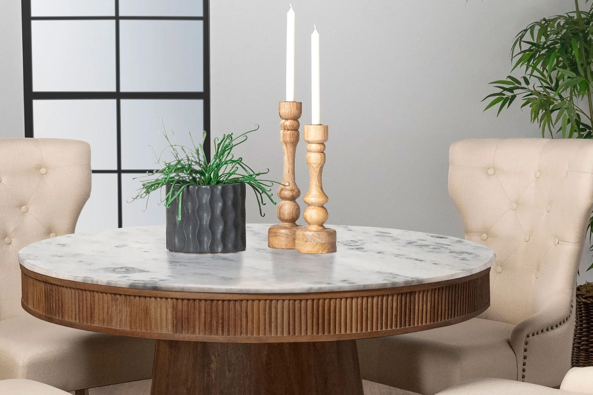 Ortega Round 46-inch Marble Top Wood Dining Table Natural - Image 3