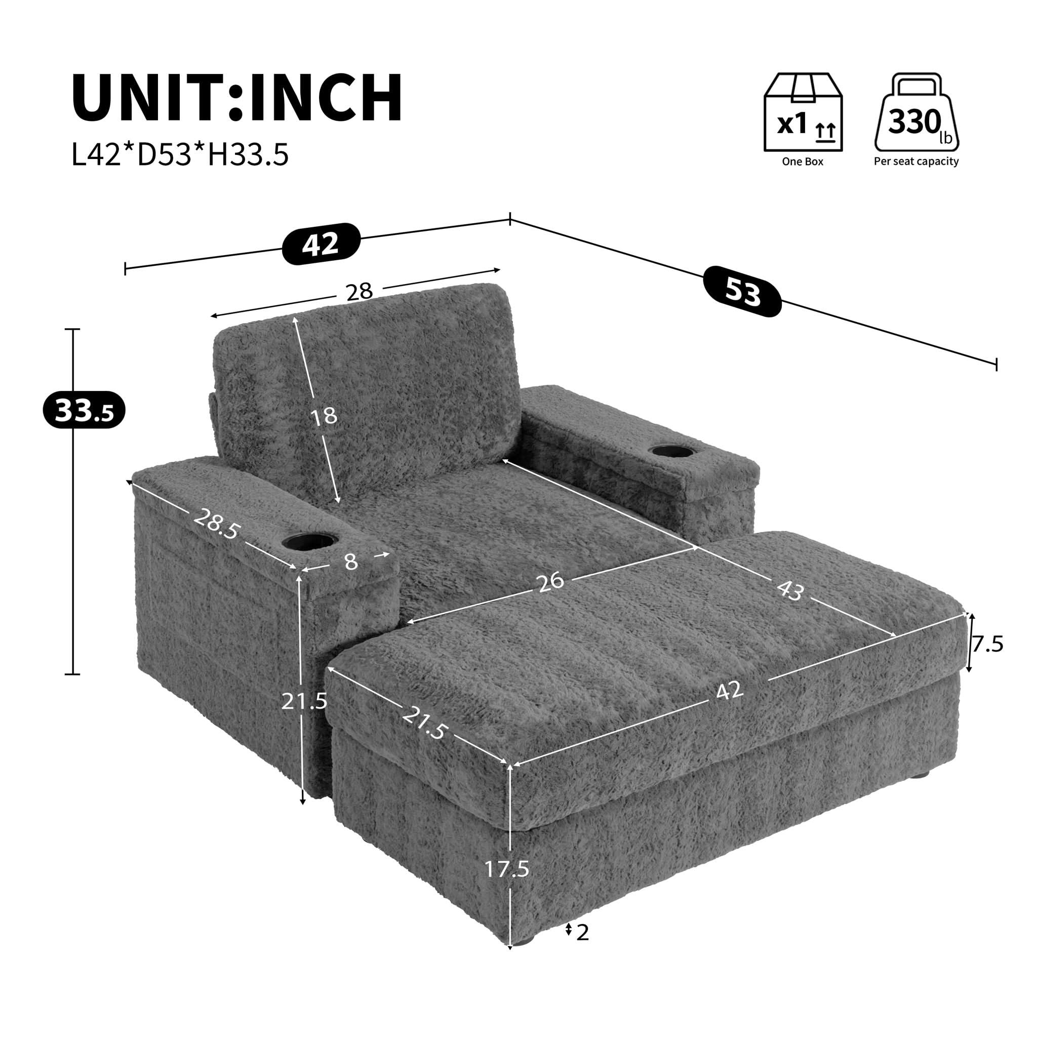 Oversized Chaise Lounge Indoor Rabbit Fur Sofa Bed With Storage Ottoman And Armrests Cup Holders With Deep Seat - Image 6