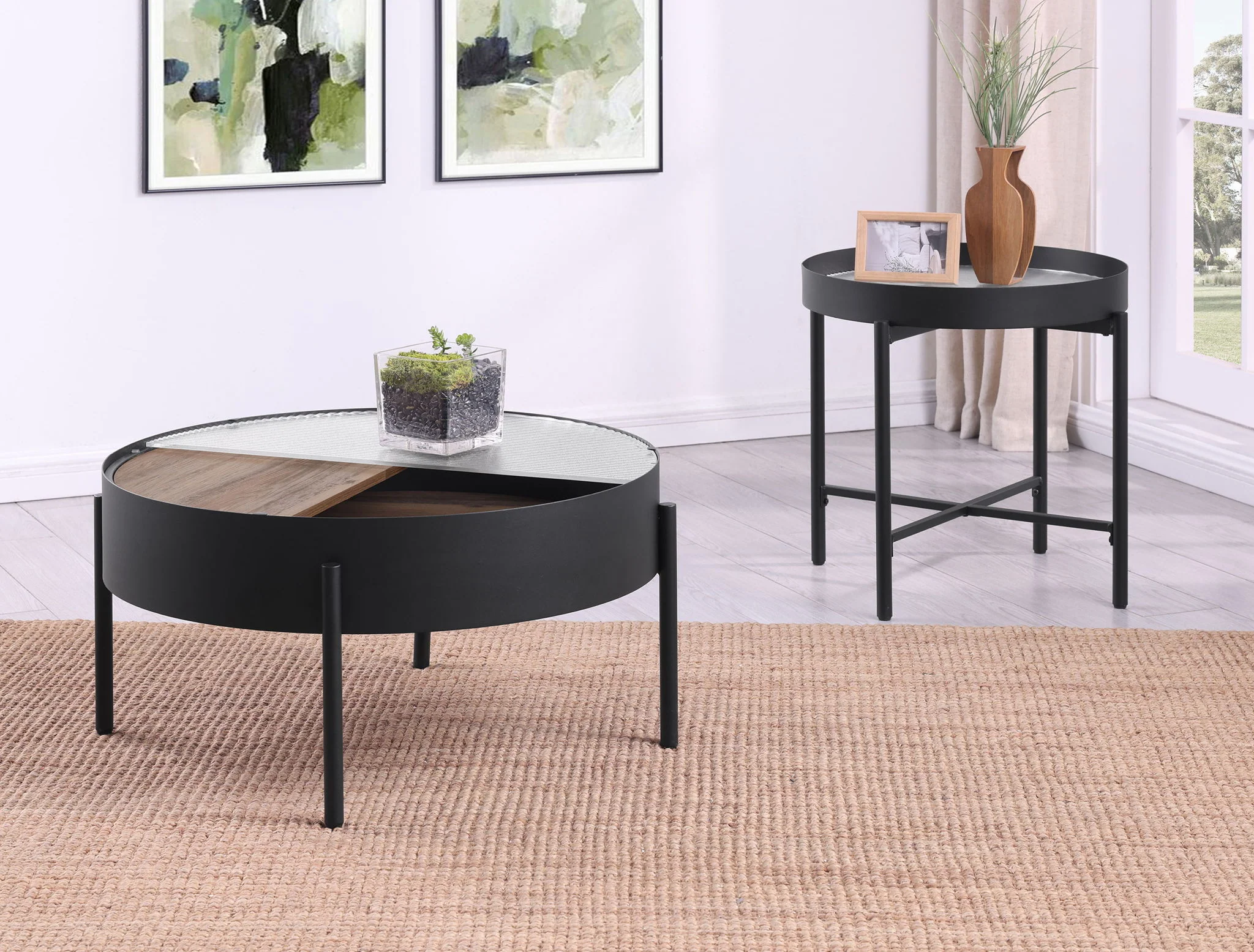 Ozella 2-piece Round Coffee and End Table Set Sandy Black - Image 2