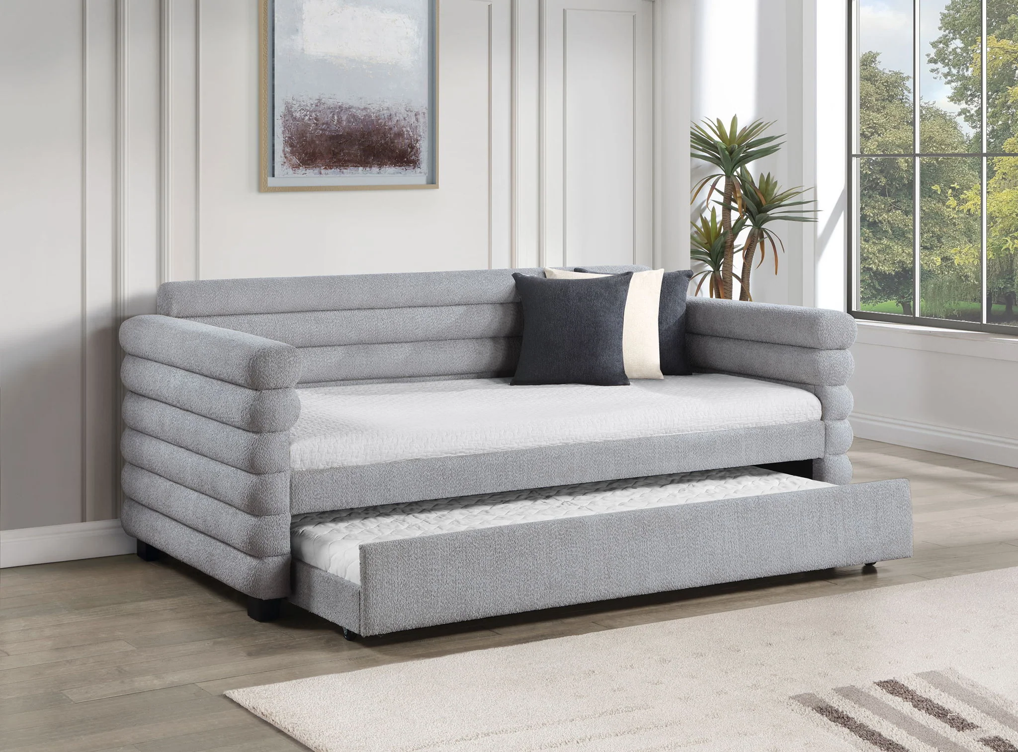 Patricia Boucle Upholstered Twin Day Bed with Trundle Grey - Image 3