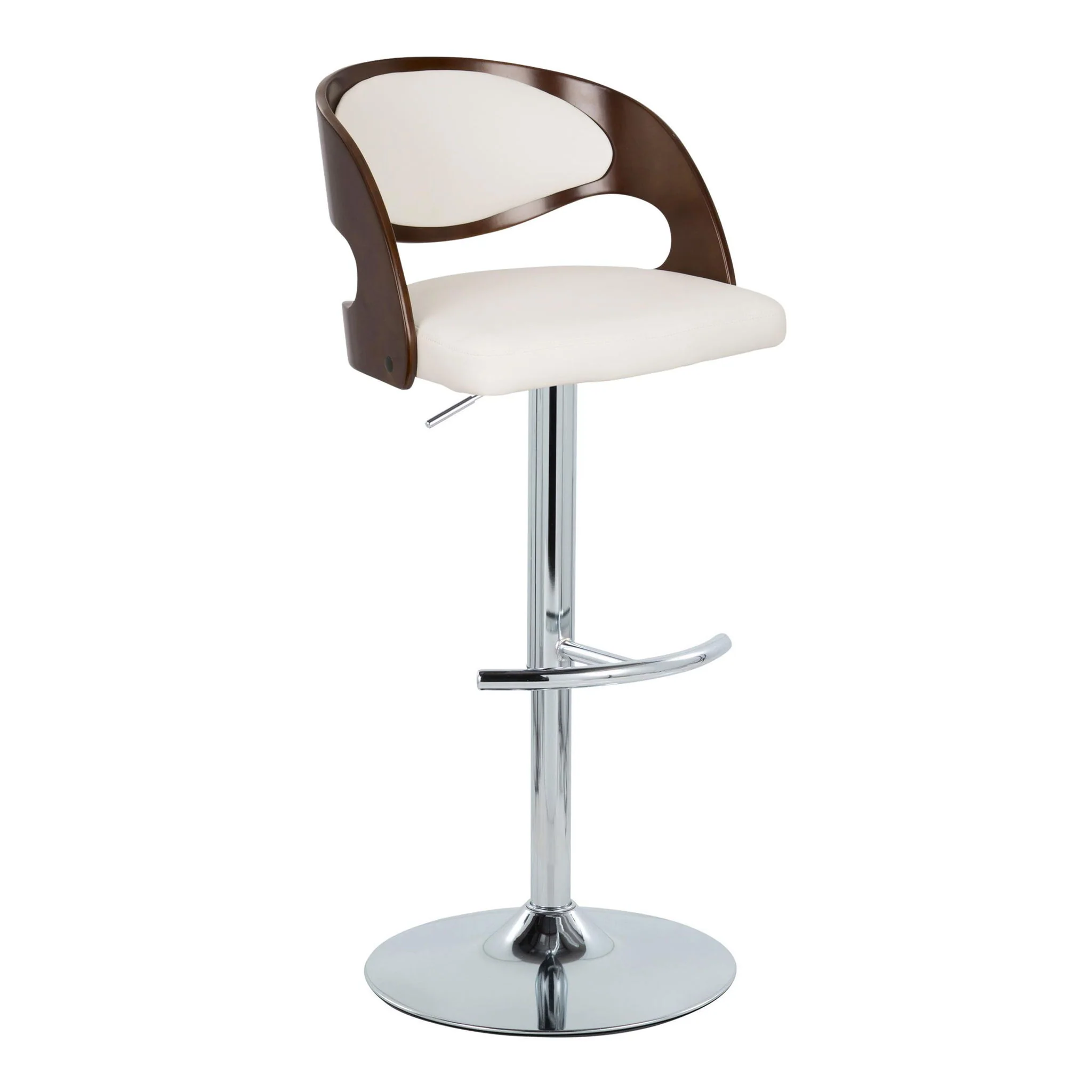 Pino - Mid-Century Modern Adjustable Barstool With Swivel With Rounded T Footrest (Set of 2) - Chrome / Cherry / White - Image 2