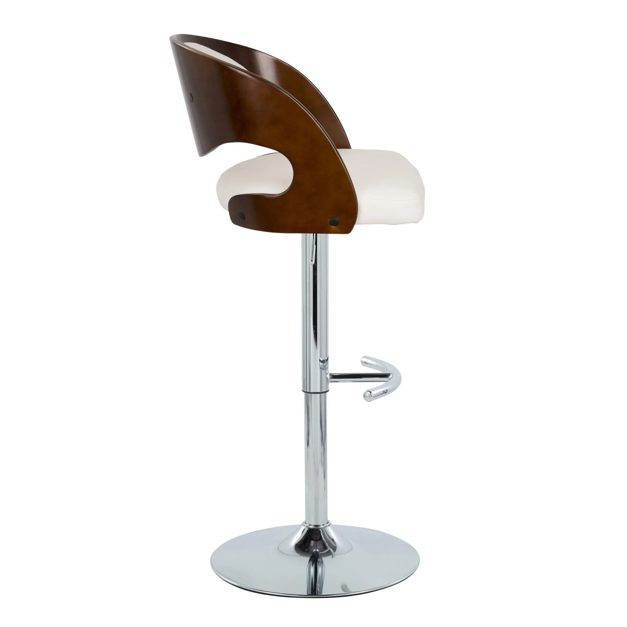 Pino - Mid-Century Modern Adjustable Barstool With Swivel With Rounded T Footrest (Set of 2) - Chrome / Cherry / White - Image 3