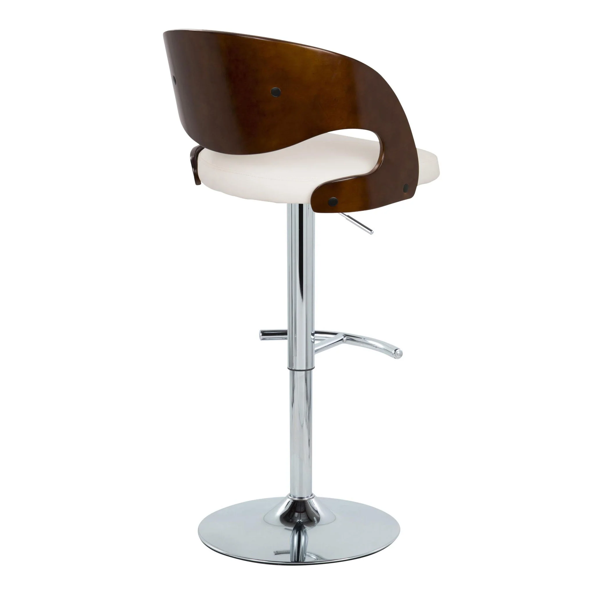 Pino - Mid-Century Modern Adjustable Barstool With Swivel With Rounded T Footrest (Set of 2) - Chrome / Cherry / White - Image 4
