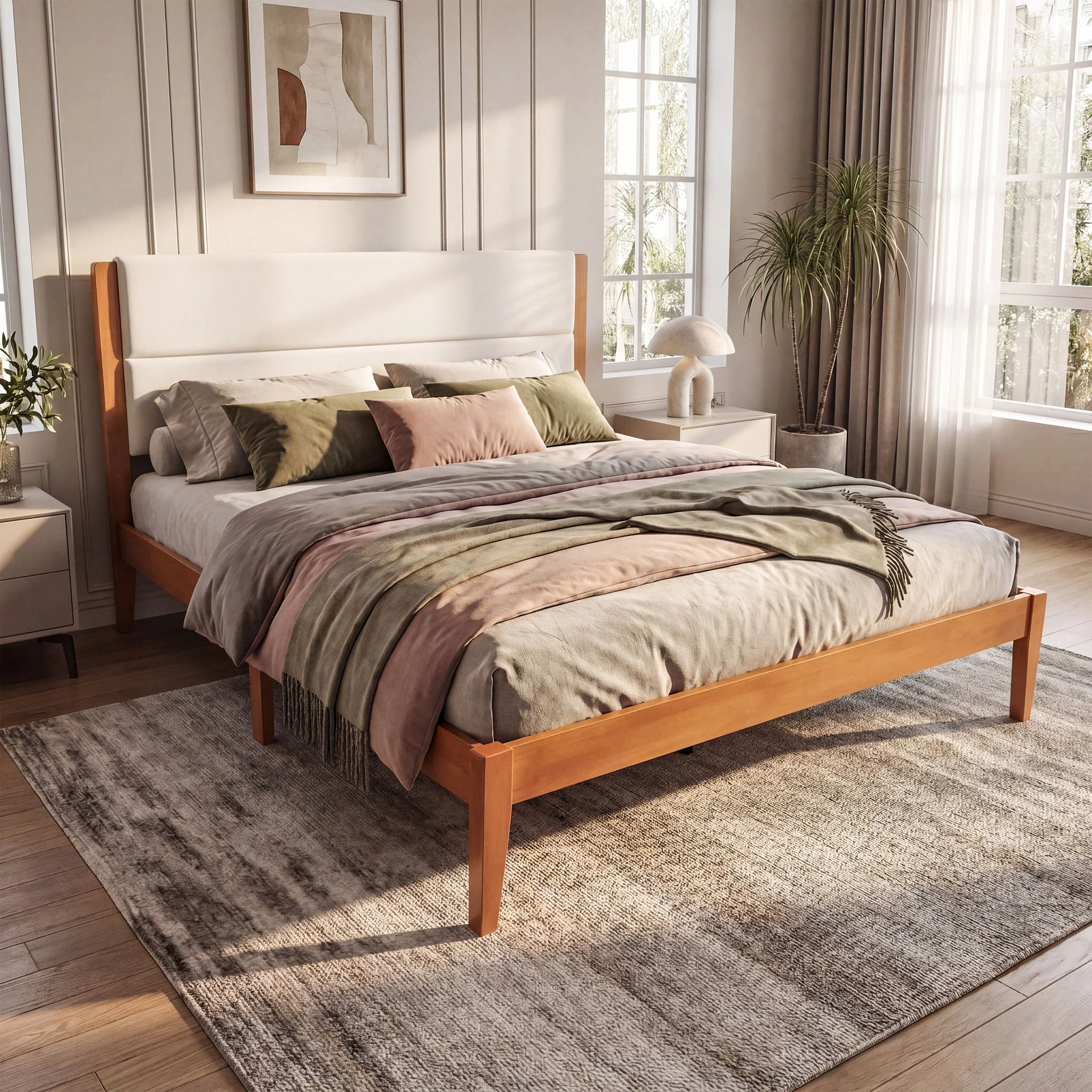 Platform Bed Frame With Upholstered Headboard, Slat Support - Image 6