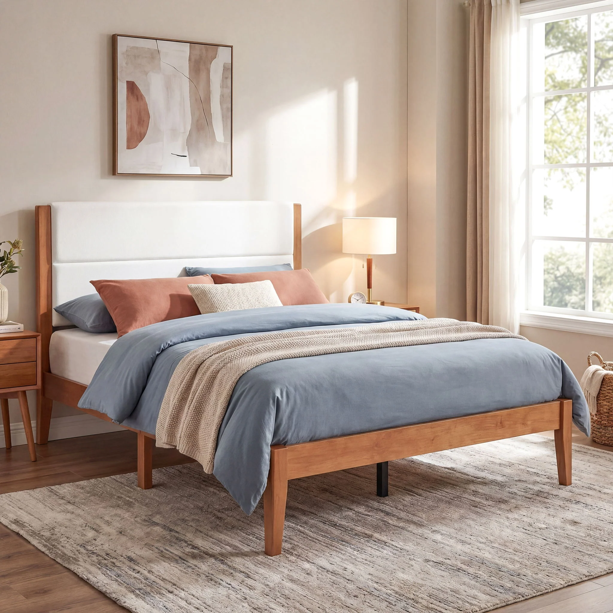 Platform Bed Frame With Upholstered Headboard, Slat Support - Image 8