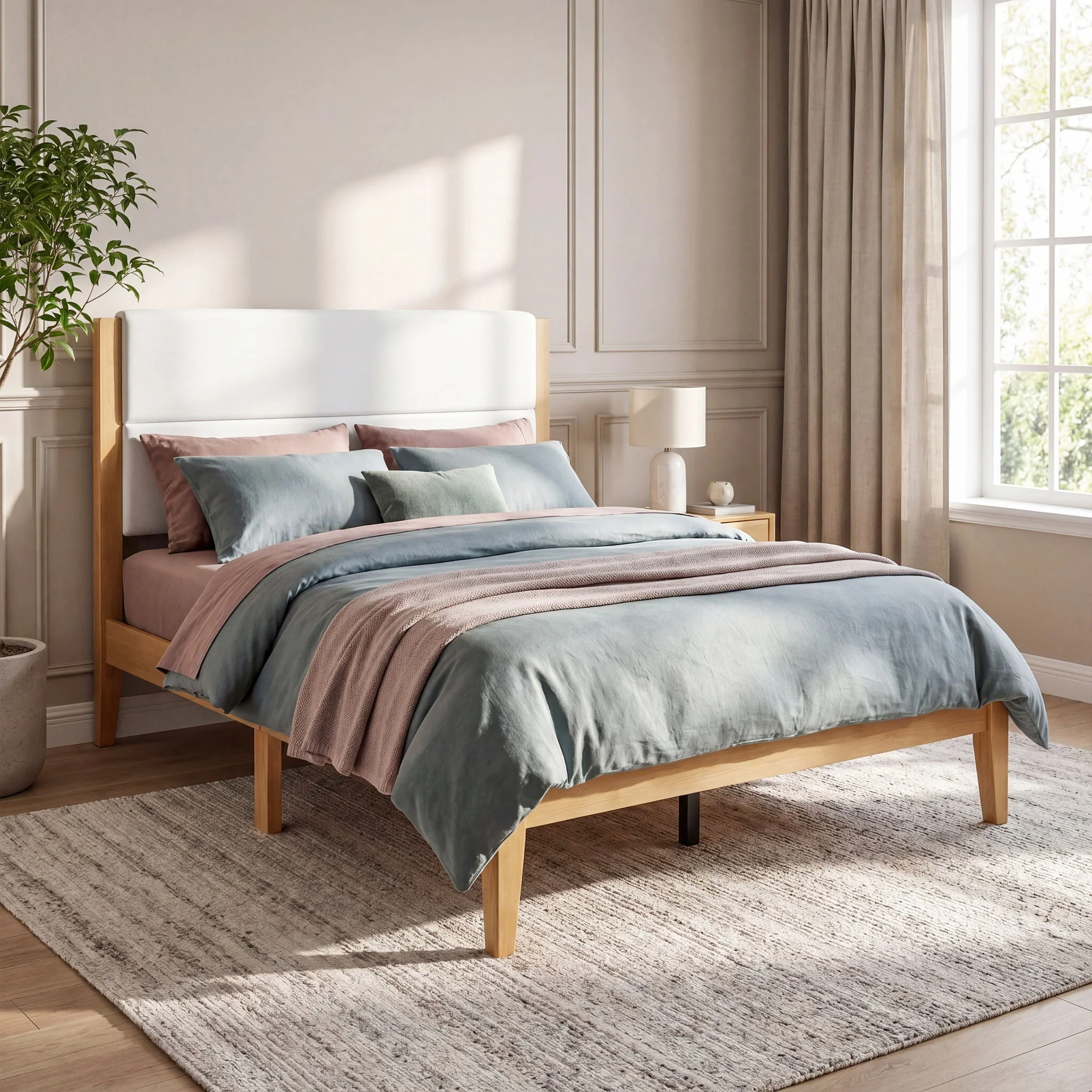 Platform Bed Frame With Upholstered Headboard, Slat Support - Image 9