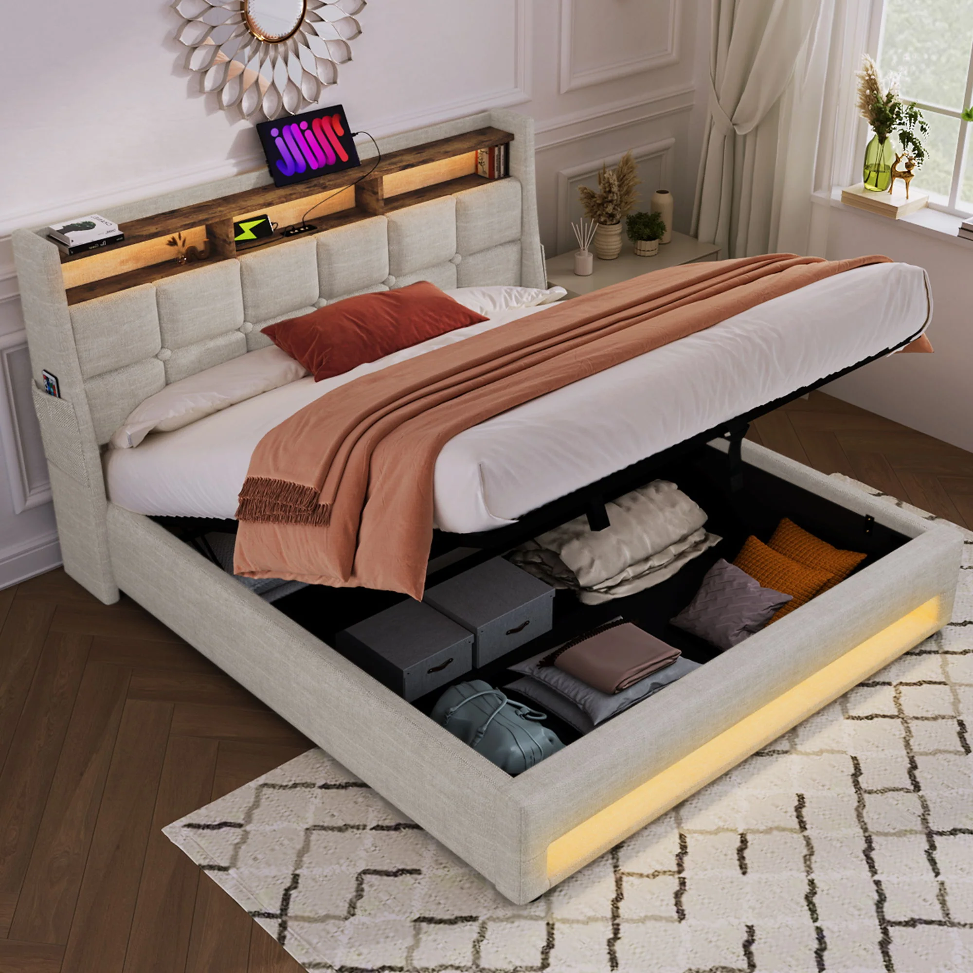 Platform Bed With Hydraulic Storage, LED Lighting & Charging Station - Image 3