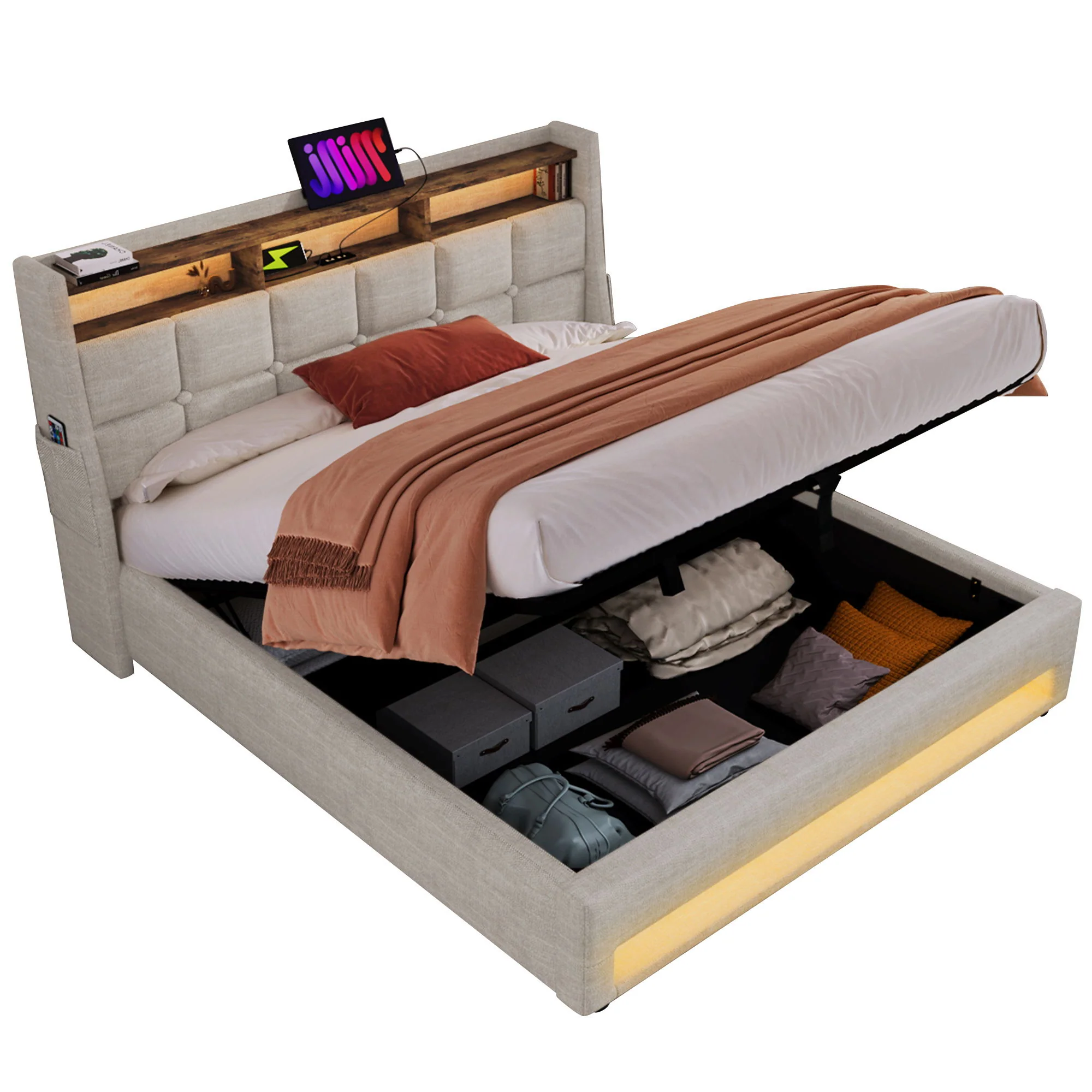 Platform Bed With Hydraulic Storage, LED Lighting & Charging Station - Image 5