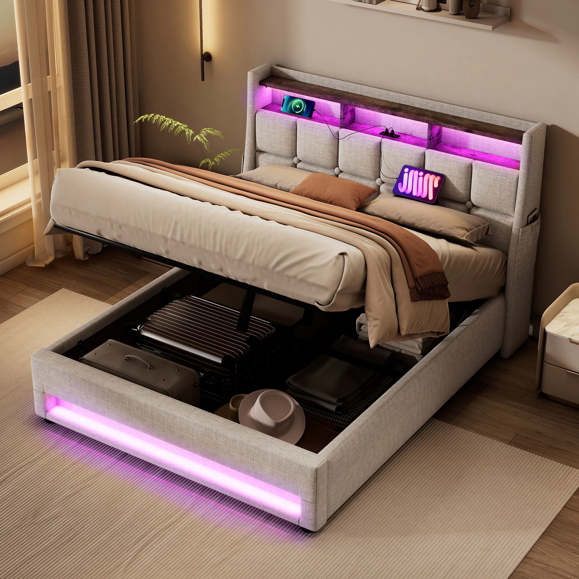 Platform Bed With Hydraulic Storage, LED Lighting & Charging Station - Image 6