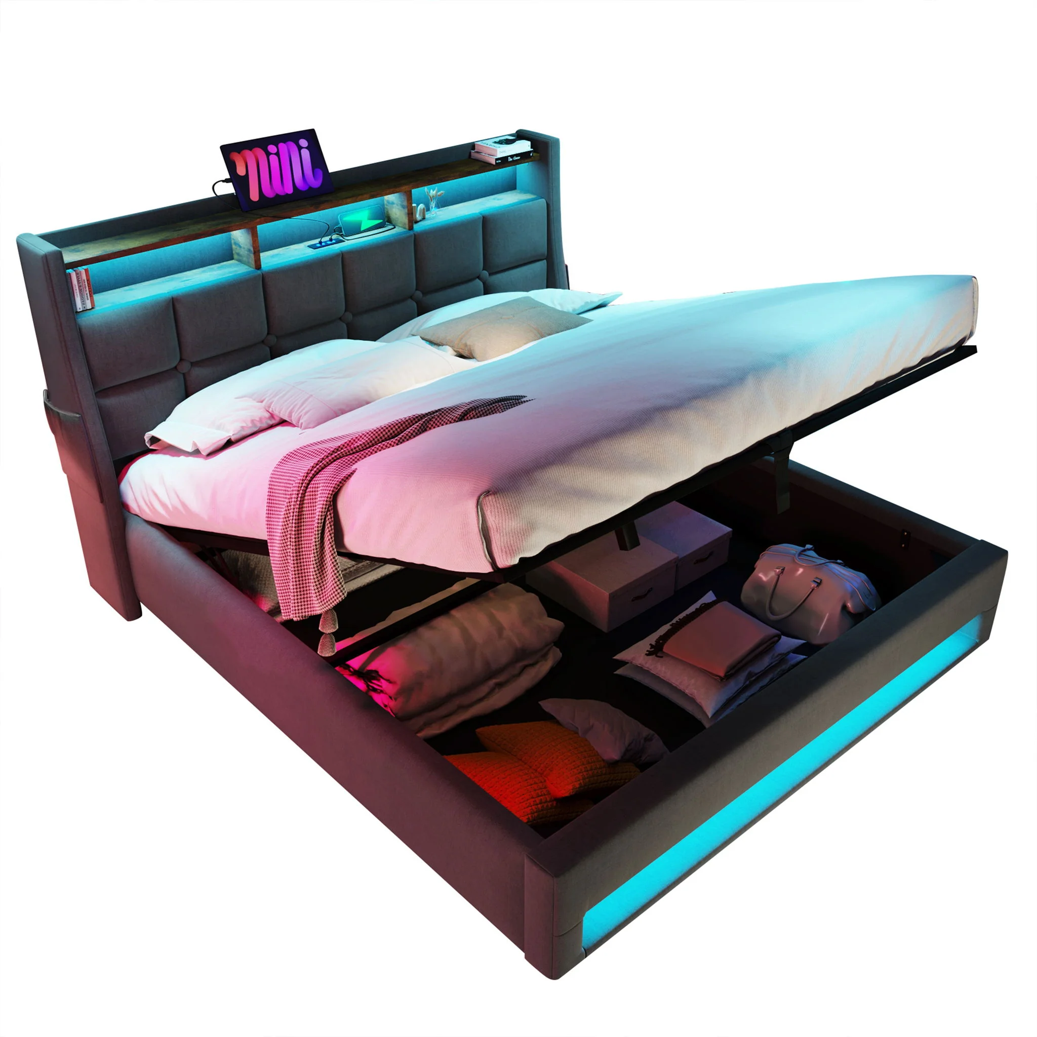Platform Bed With Hydraulic Storage, LED Lighting & Charging Station - Image 7