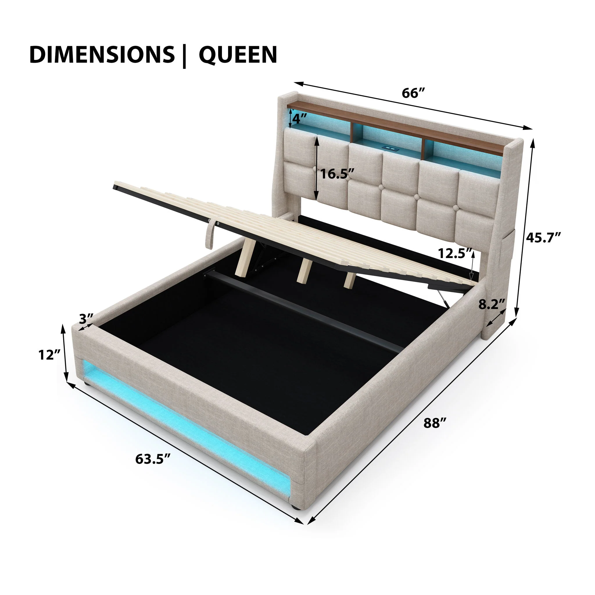 Platform Bed With Hydraulic Storage, LED Lighting & Charging Station - Image 8