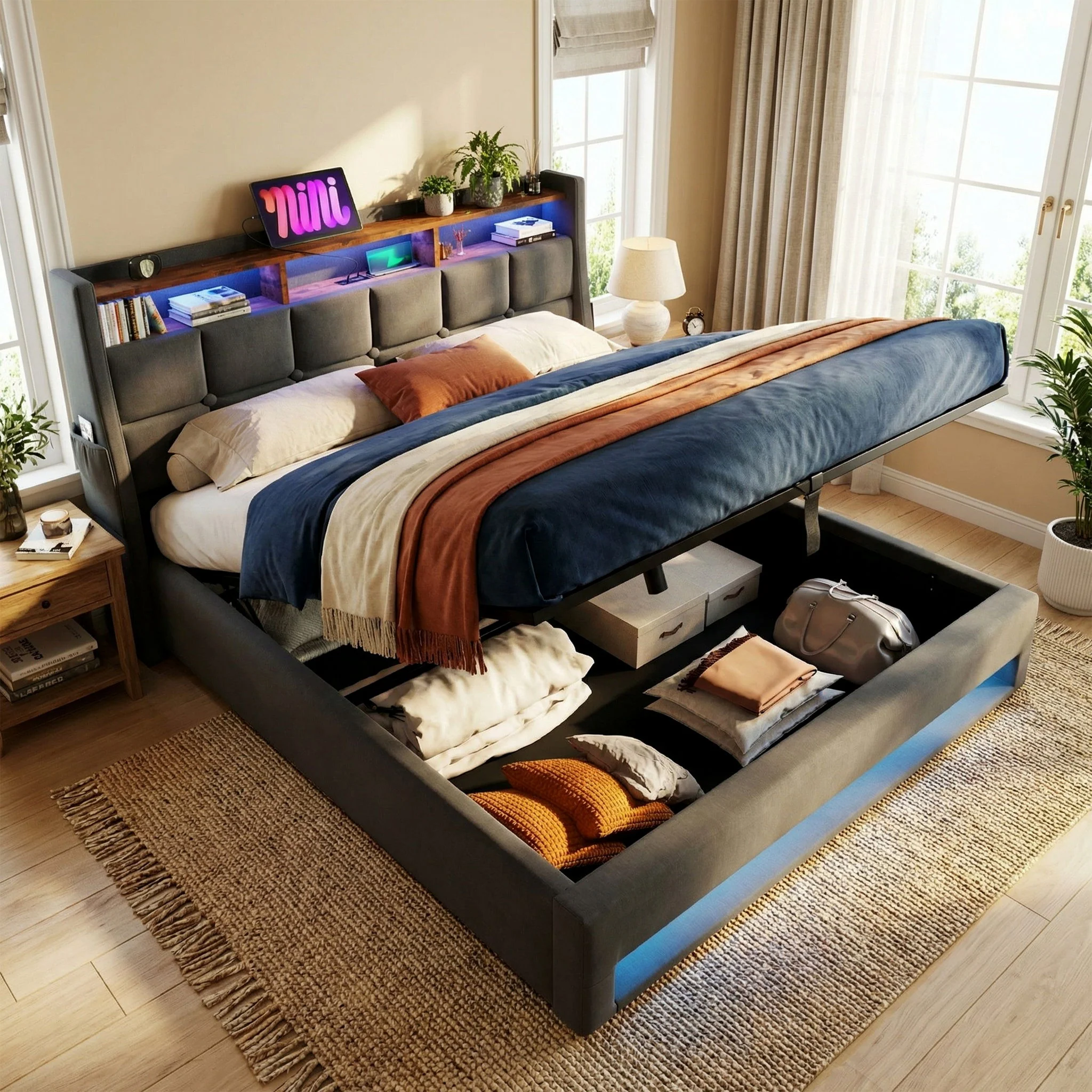 Platform Bed With Hydraulic Storage, LED Lighting & Charging Station - Image 9
