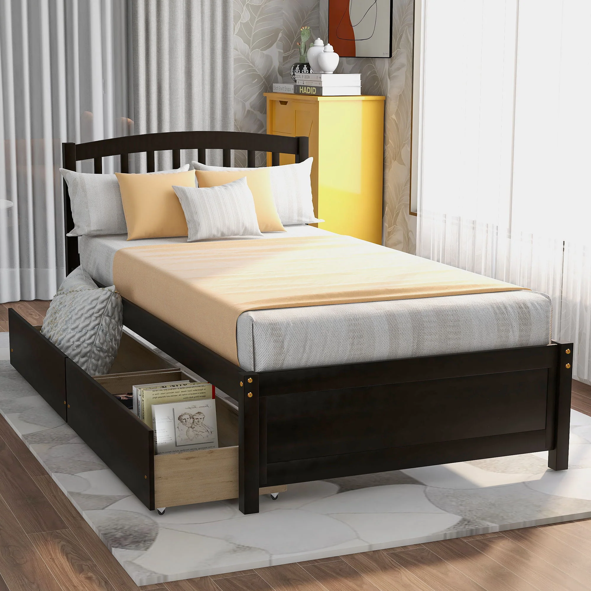 Platform Storage Bed Wood Bed Frame With Two Drawers And Headboard - Image 8