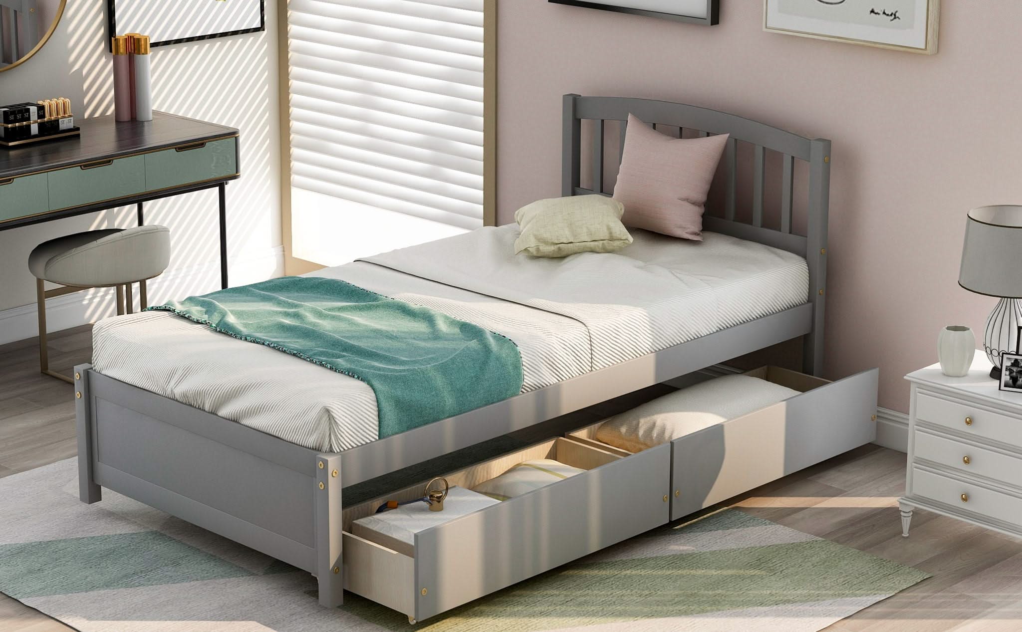 Platform Storage Bed Wood Bed Frame With Two Drawers And Headboard - Image 9