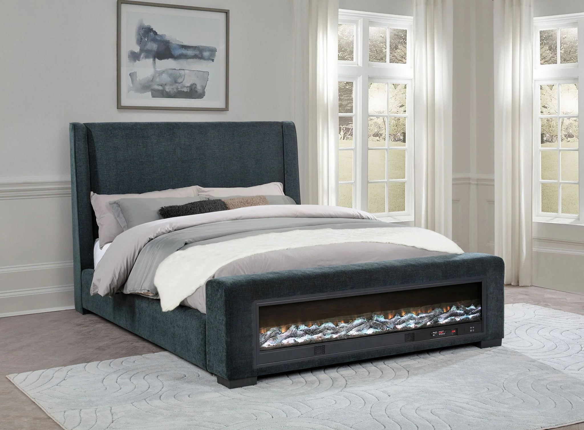 Preston Upholstered Queen Audio Flame Visualizer Bed Dark Blue - Image 3
