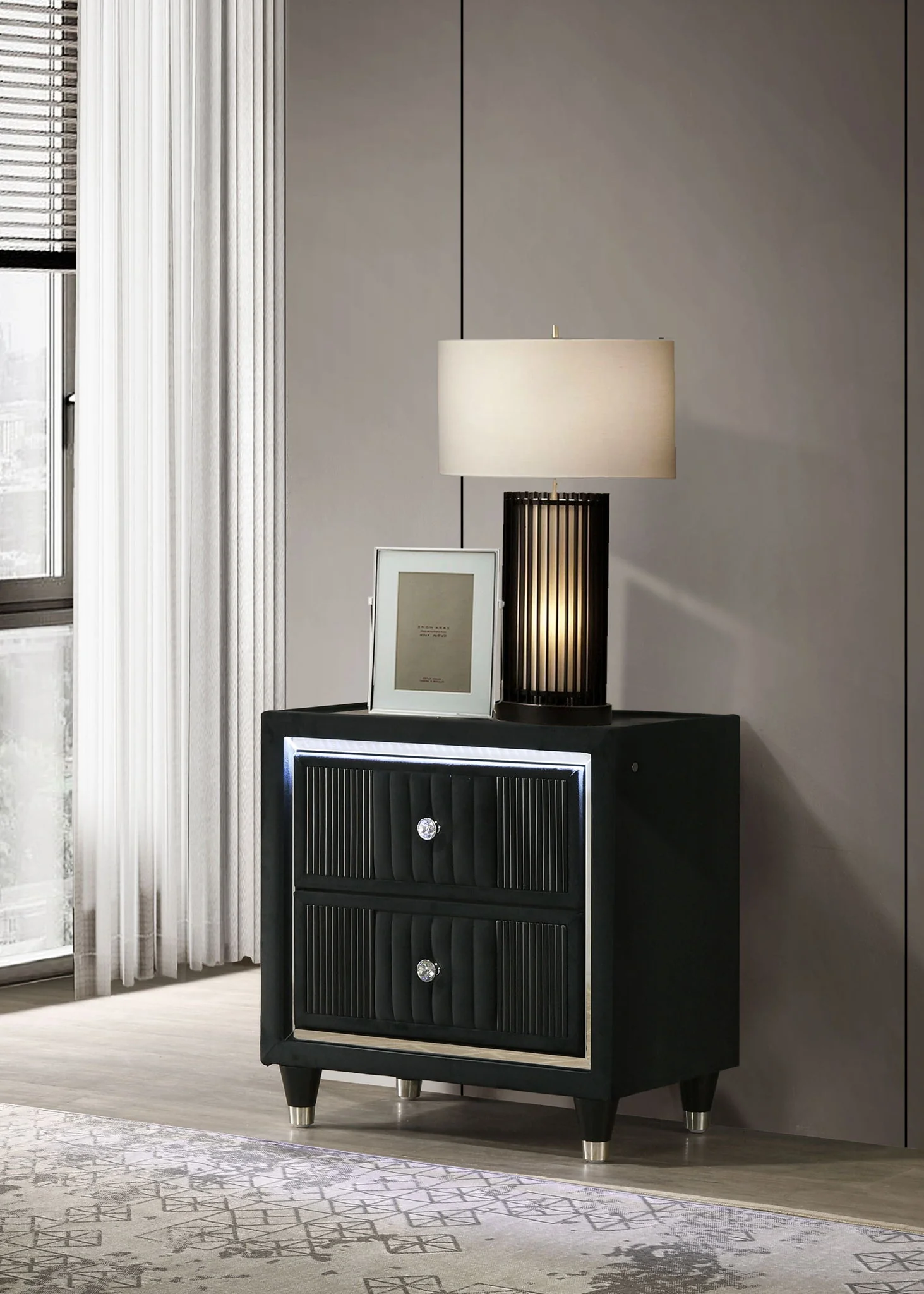 Ravenne 2-drawer Velvet Upholstered LED Nightstand with USB Black - Image 4