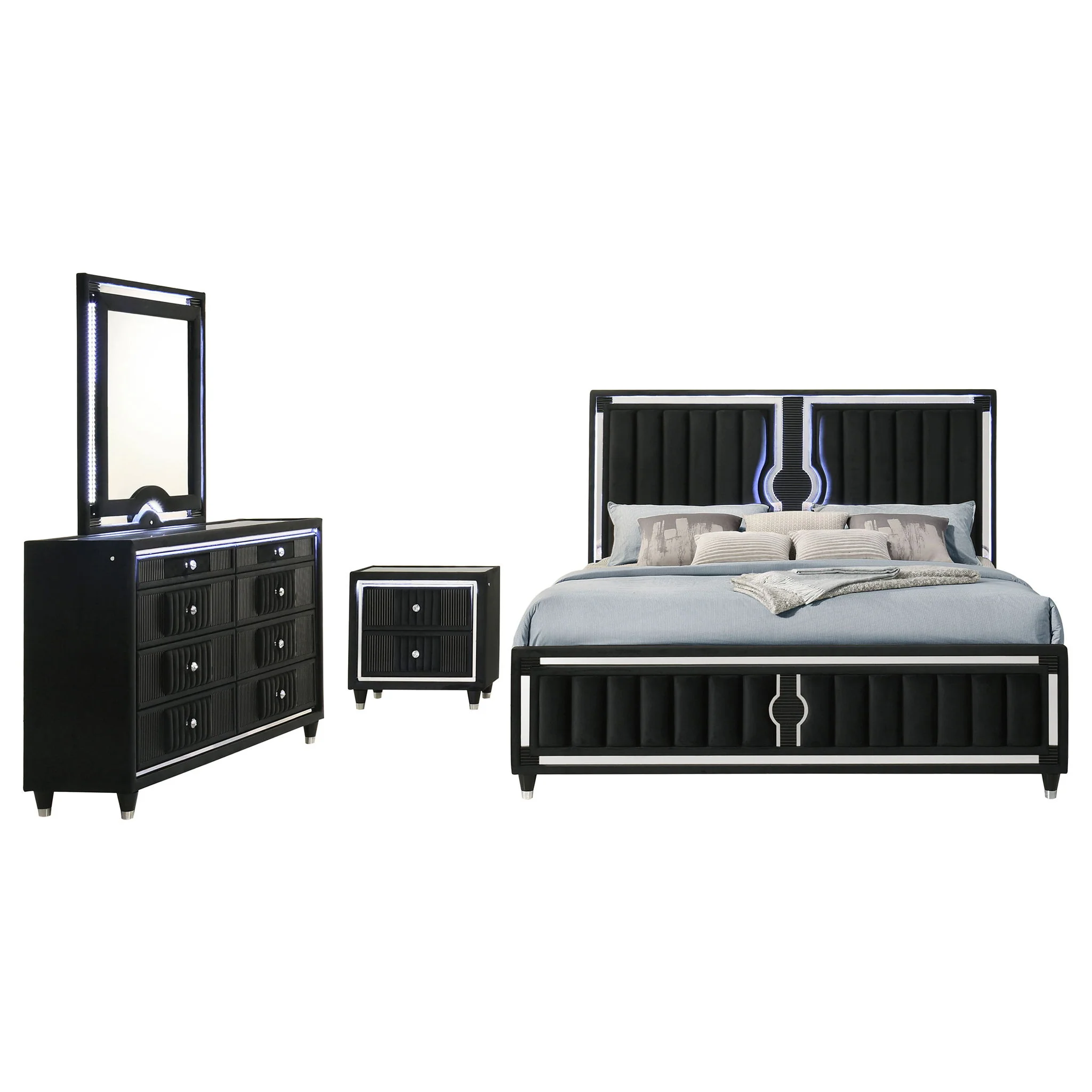 Ravenne 4-piece Velvet Upholstered Queen LED Bedroom Set Black - Image 4
