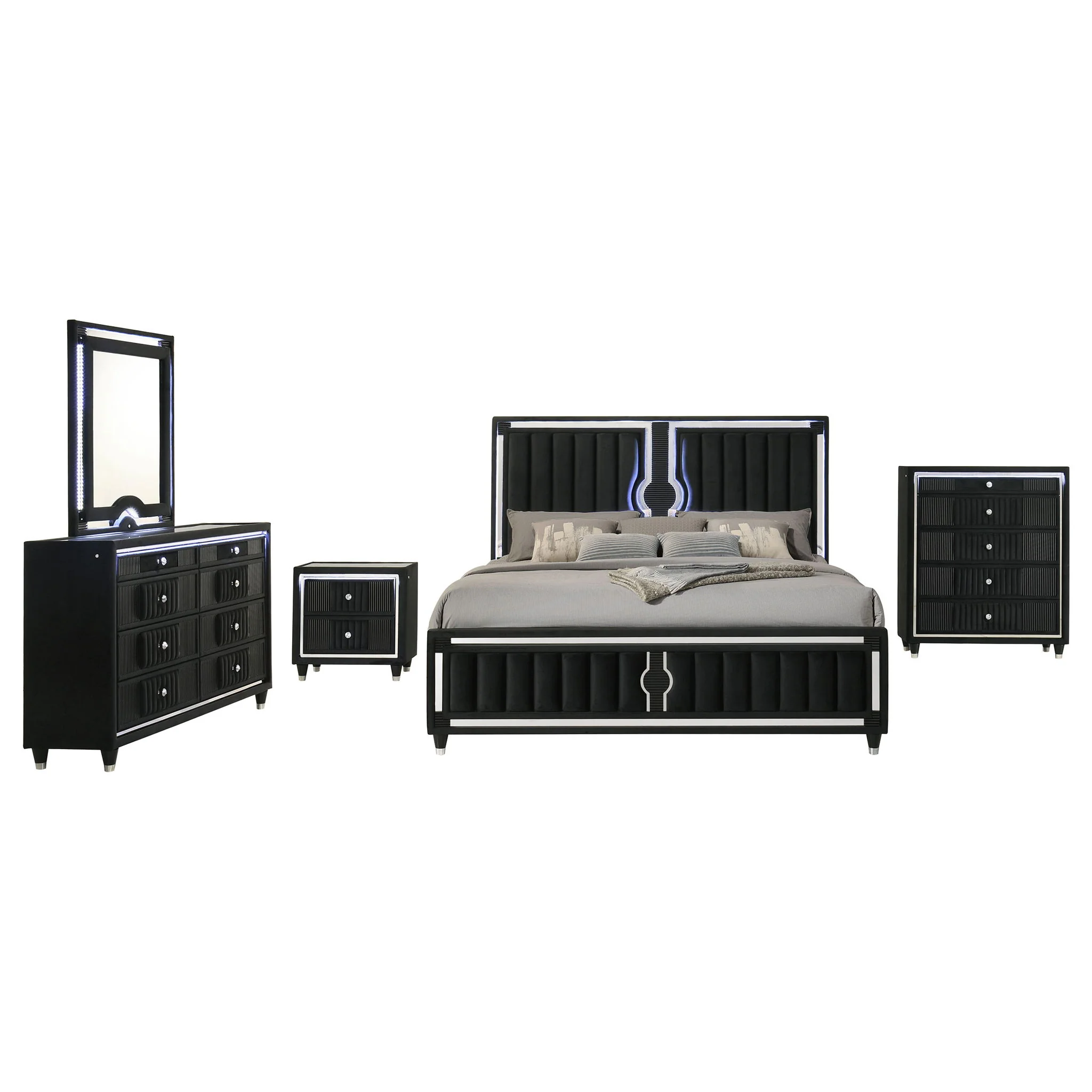 Ravenne 5-piece Velvet Upholstered Eastern King LED Bedroom Set Black - Image 3