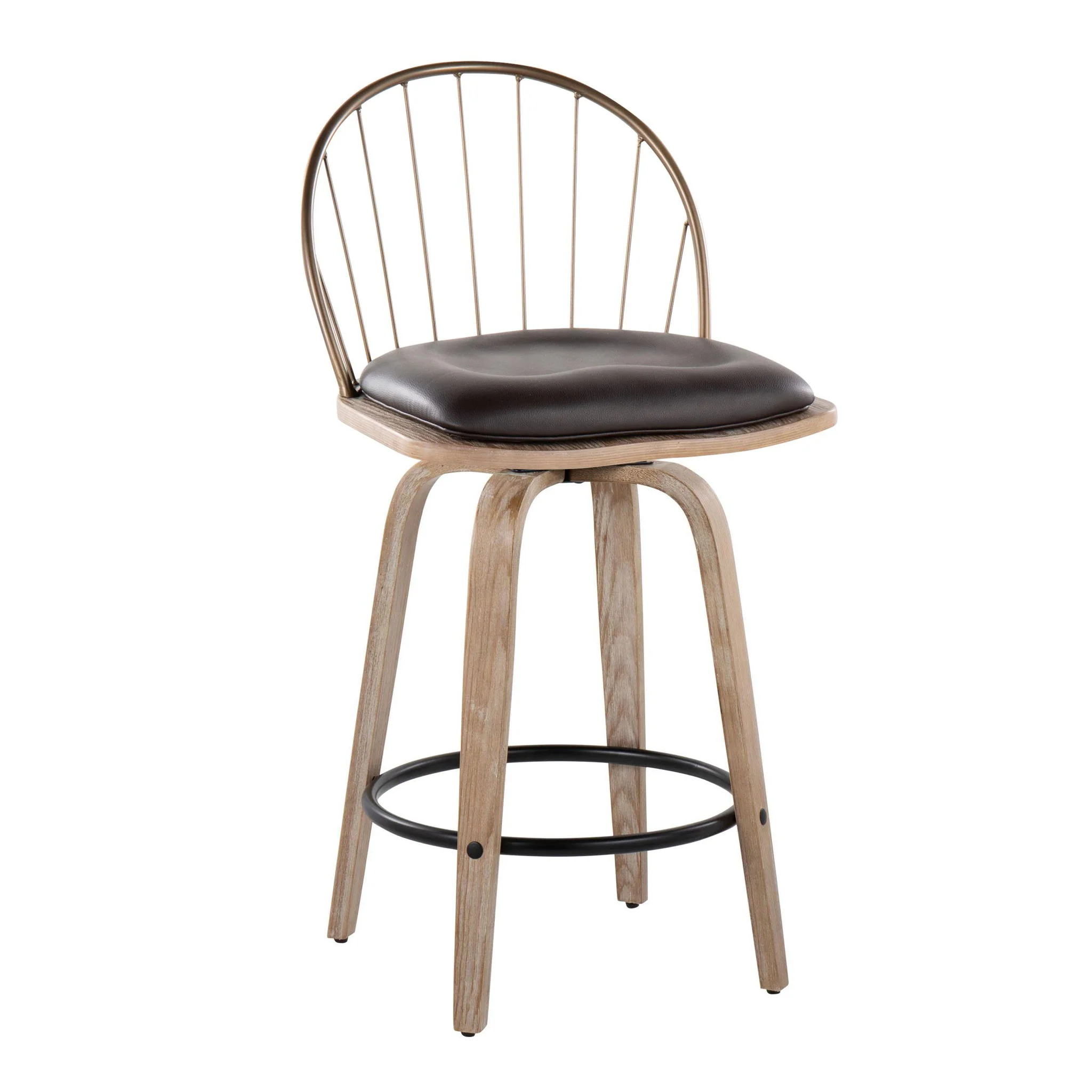 Riley - Farmhouse Fixed Height Counter Stool Round Footrest With Removable Cushion (Set of 2) - White Washed / Antique Copper / Brown - Image 3