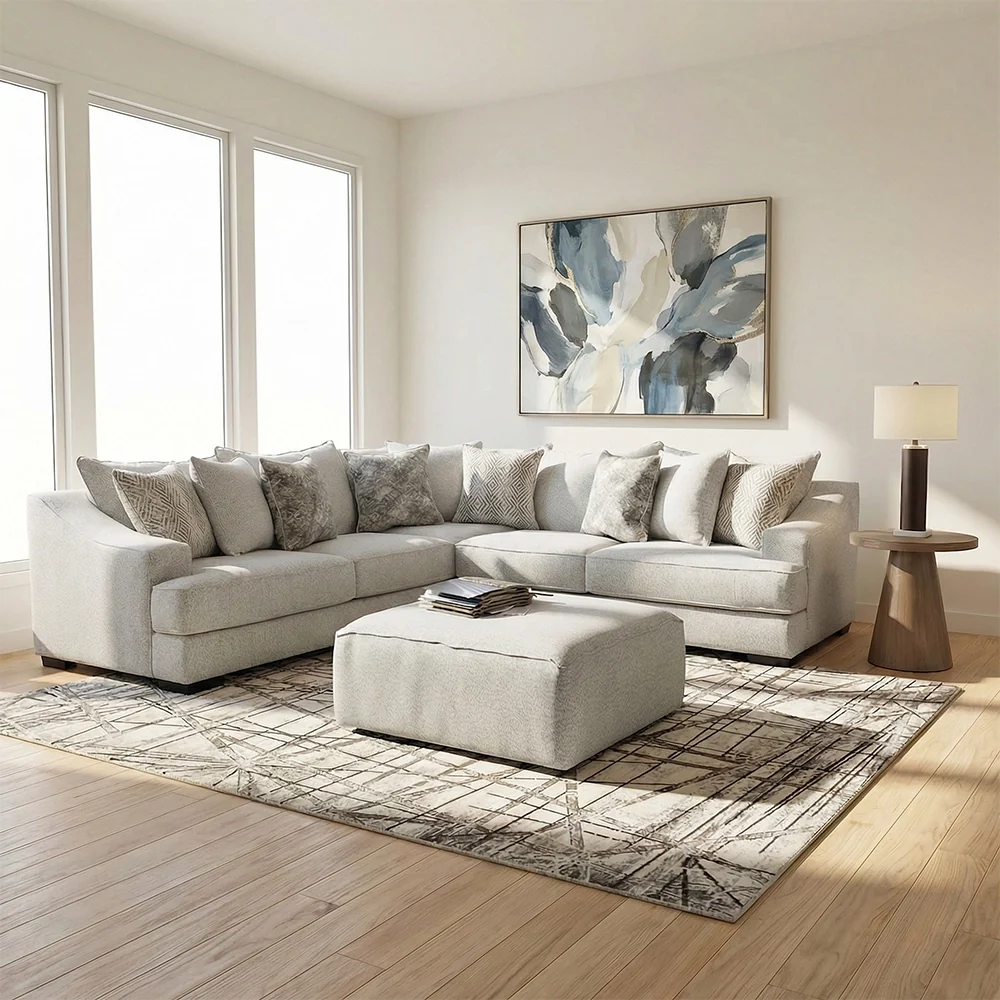 Fluffy River White Contemporary Plush Sectional with Pillows