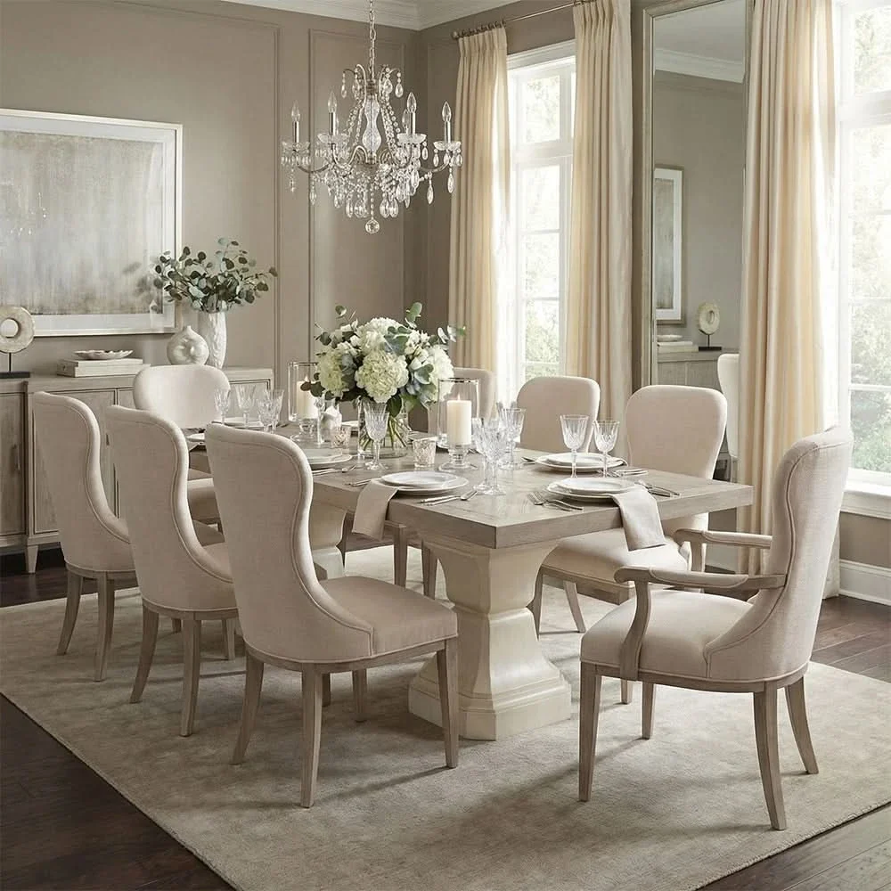 Santa Cruz Light Wood Contemporary 7PC Dining Set with Upholstered Chairs and Pedestal Base - Image 2