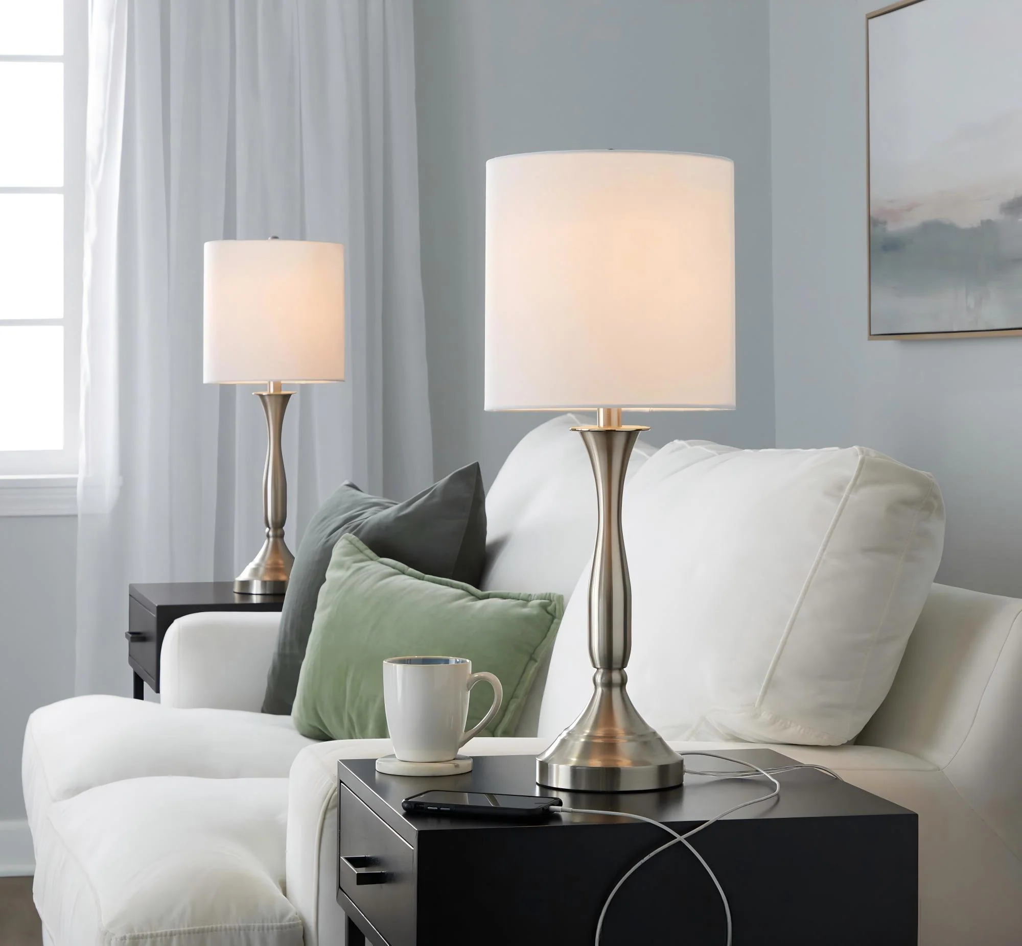 Sawyer - Contemporary Table Lamp (Set of 2) Built In USB Port - Nickel / White - Image 4